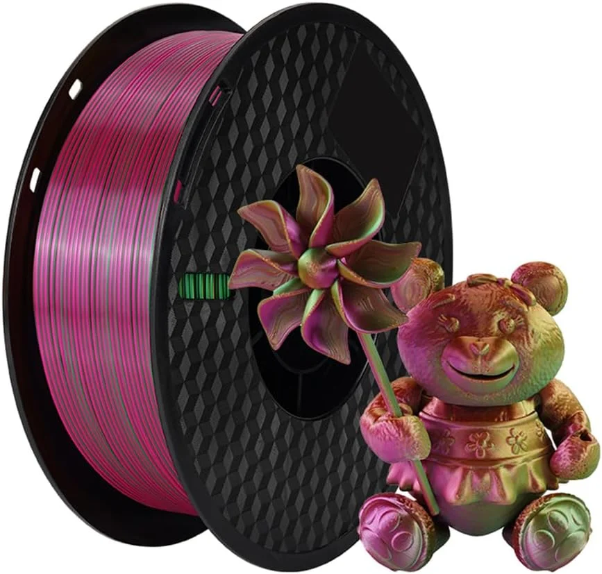 فیلامنت PLA پرینتر سه بعدی Fawoonu، 1 کیلوگرم، 1.75 میلی متر، فیلامنت PLA ابریشمی سه رنگ، مواد چاپ سه بعدی، سازگار با محیط زیست، دقت ابعادی +/- 0.03 میلی متر، 1 رول استاندارد - طلایی سبز سرخابی