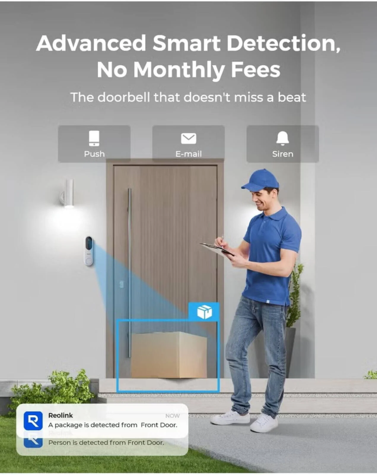 دوربین زنگ درب بی‌سیم با باتری REOLINK 2K، دوربین زنگ درب تصویری با نمای سر تا پا، تشخیص افراد/وسایل نقلیه/بسته، وای فای 2.4/5 گیگاهرتز، صدای دو طرفه، ذخیره سازی محلی | DB2K03