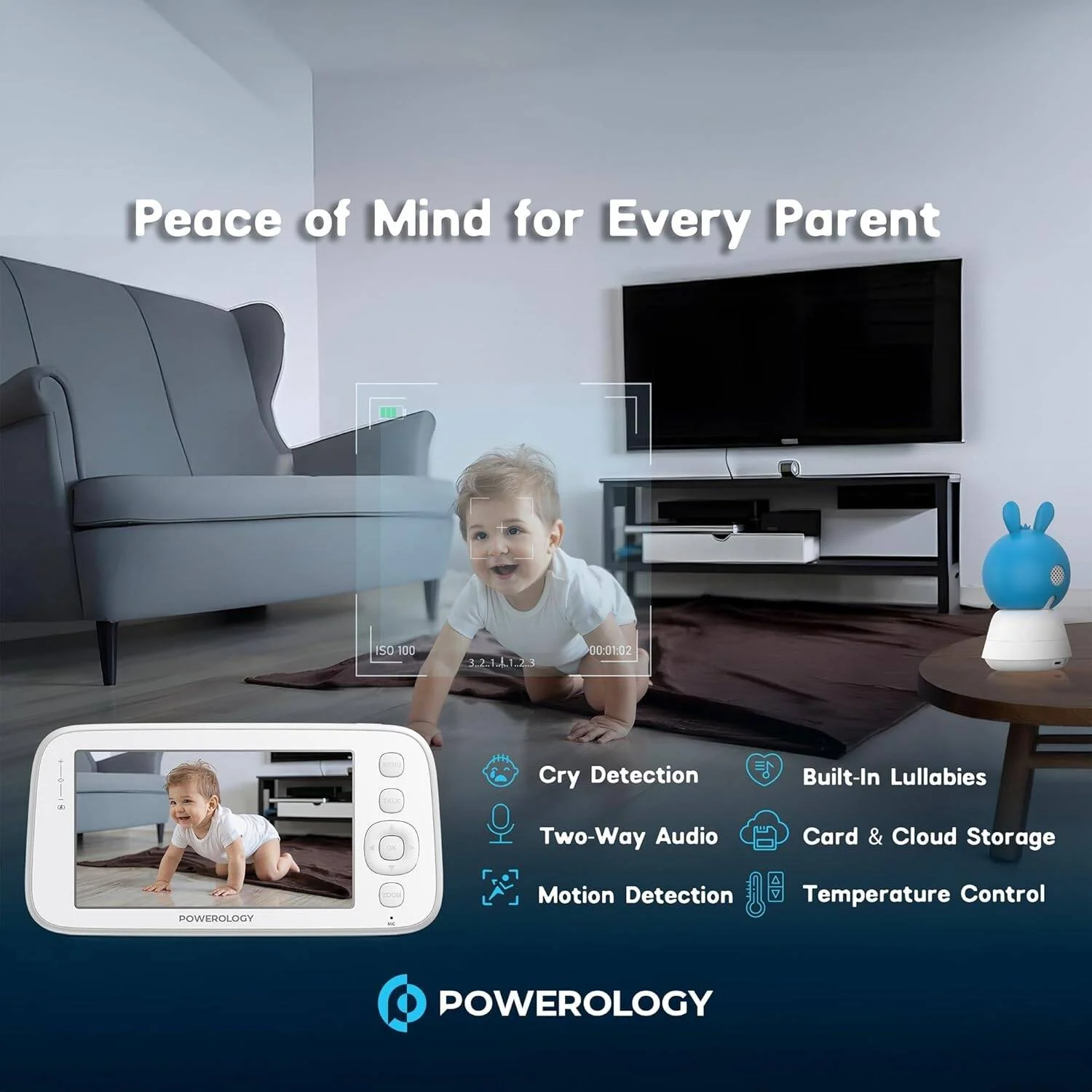 دوربین کودک پاورولوژی با مانیتور و اپلیکیشن، کیفیت Full HD 1080P، دید در شب، نمایشگر 5 اینچی HD، صدای دو طرفه، تشخیص گریه، 8 لالایی داخلی، ردیابی هوش مصنوعی + هشدارهای تشخیص حرکت، سازگار با اپلیکیشن IOS/Android