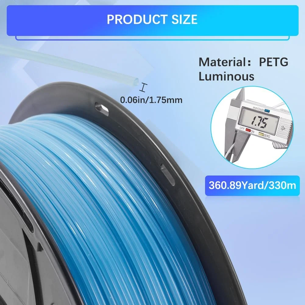 فیلامنت PETG درخشان در تاریکی CREATCABIN، مناسب پرینتر سه بعدی 1.75 میلی متری، 1.0 کیلوگرم، استحکام ابعادی و دمای بالا، دقت +/- 0.02 میلی متر، هدیه ای برای دوستداران پرینت سه بعدی، 360.8 یارد، آبی