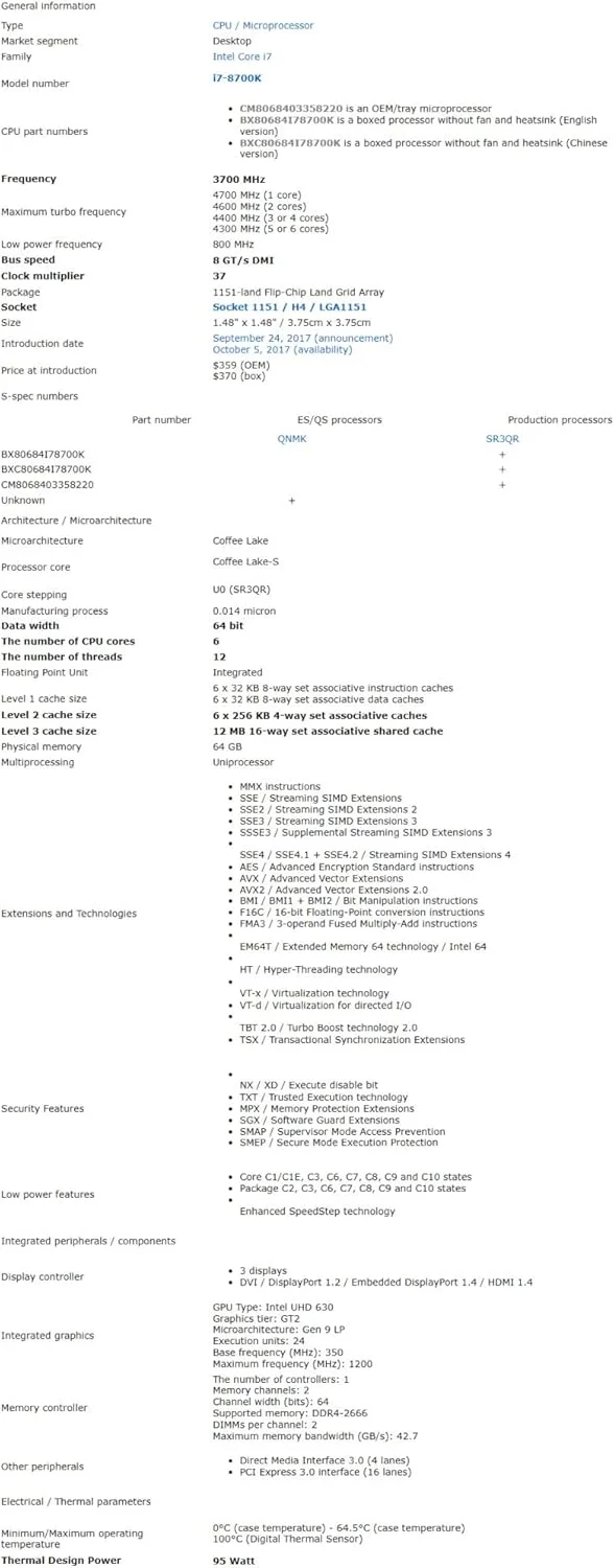 پردازنده اینتل OEM Core i7 i7-8700K شش هسته ای (6 هسته) 3.70 گیگاهرتز - سوکت H4 LGA-1151 پردازنده اینتل OEM Core i7 i7-8700K شش هسته ای (6 هسته) 3.70 گیگاهرتز - سوکت H4 LGA-1151