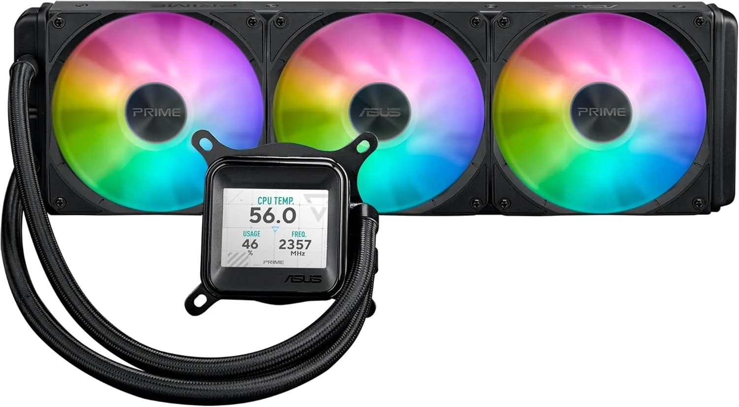 خنک کننده مایع پردازنده ASUS Prime LC ARGB LCD با صفحه نمایش واضح برای نمایش اطلاعات CPU و GPU با پس زمینه های مختلف، پمپ با کارایی بالا مجهز به موتور قوی، فن های زنجیره ای