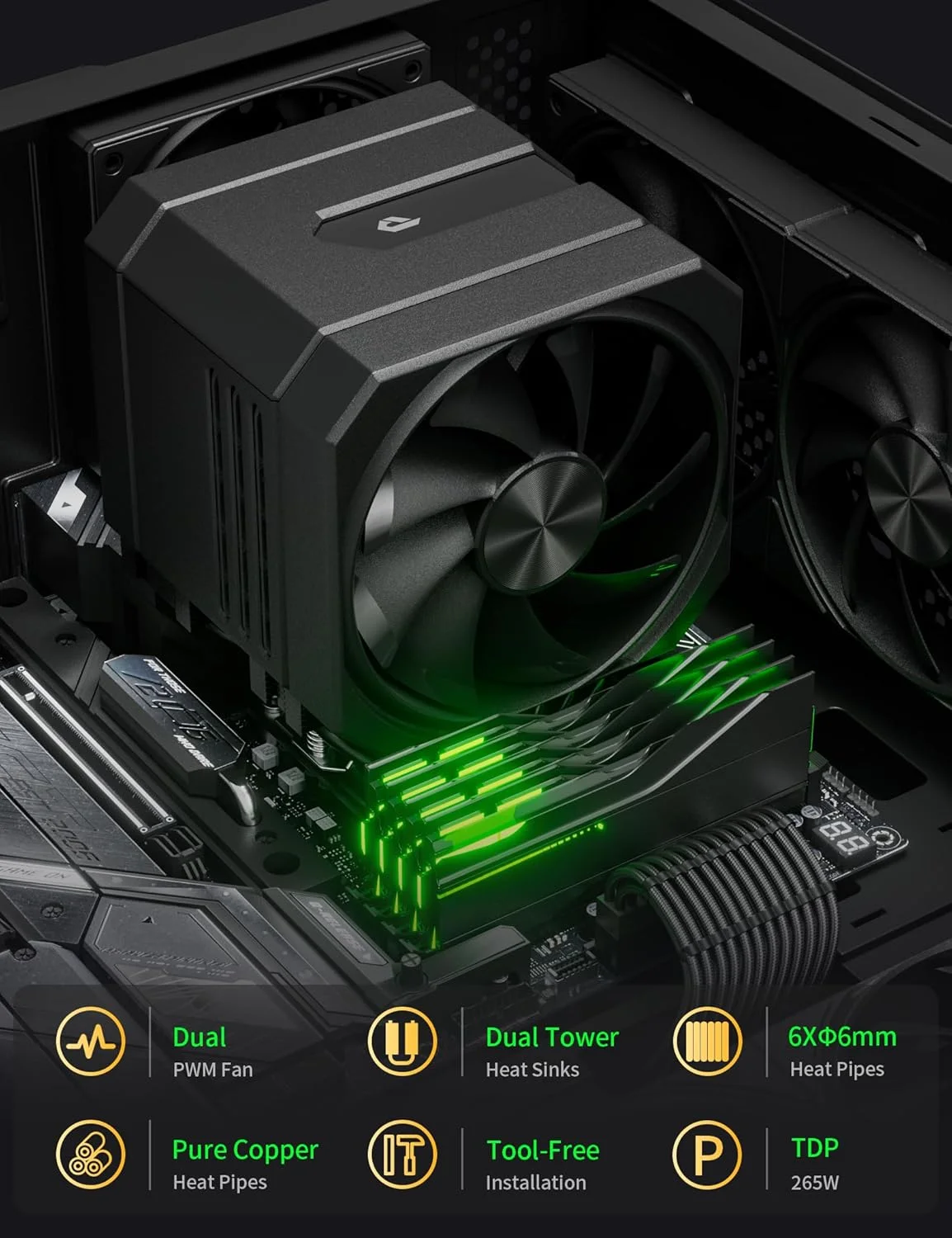 خنک‌کننده بادی پردازنده با 6 لوله حرارتی 6 میلی‌متری، خنک‌کننده پردازنده با دو فن 120 میلی‌متری 1600 دور در دقیقه، خنک‌کننده بادی پردازنده AMD سری AM5/AM4/AM3، خنک‌کننده بادی پردازنده با ارتفاع 6.22 اینچ سازگار با Intel LGA 1851/1700/1155/1156/2011/2066 (مشکی)