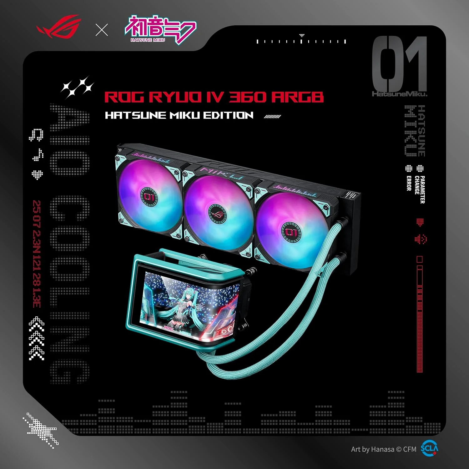 خنک کننده مایع پردازنده ASUS ROG RYUO IV 360 ARGB Hatsune Miku Edition با نمایشگر منحنی 6.67 اینچی AMOLED، پشتیبانی از ویدیوهای سه بعدی یا نمایش اطلاعات سیستم، و فن های ARGB از پیش نصب شده با نورپردازی جلو و کناری