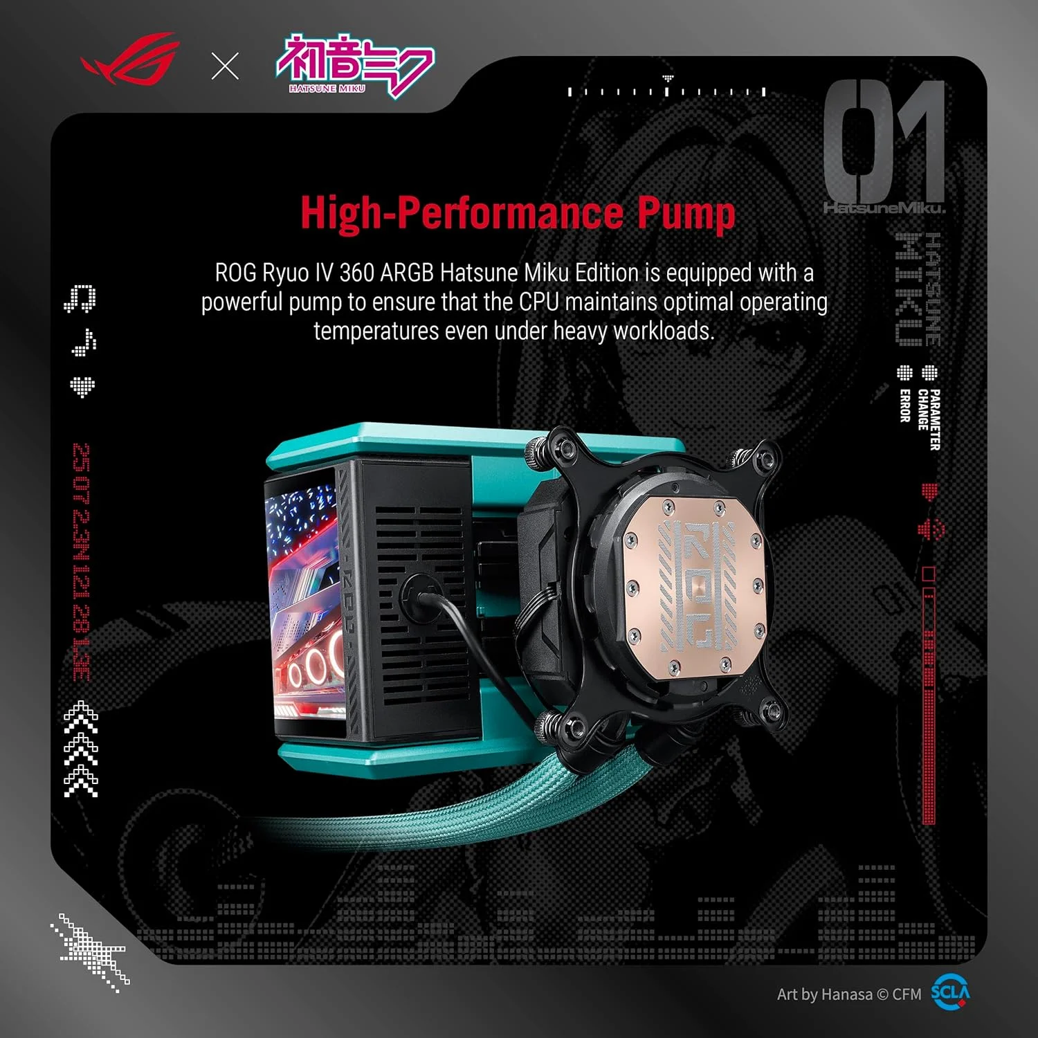 خنک کننده مایع پردازنده ASUS ROG RYUO IV 360 ARGB Hatsune Miku Edition با نمایشگر منحنی 6.67 اینچی AMOLED، پشتیبانی از ویدیوهای سه بعدی یا نمایش اطلاعات سیستم، و فن های ARGB از پیش نصب شده با نورپردازی جلو و کناری