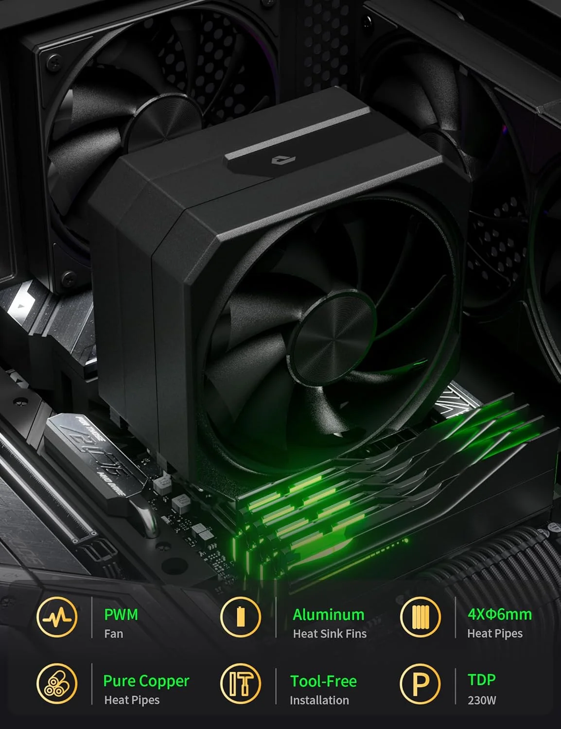 خنک‌کننده بادی پردازنده با 4 لوله حرارتی 6 میلی‌متری، فن 120 میلی‌متری با سرعت 1650 دور در دقیقه، خنک‌کننده پردازنده AMD سری AM5/AM4/AM3، خنک‌کننده بادی پردازنده با ارتفاع 6.1 اینچ سازگار با Intel LGA 1700/1851/1155/1156/2011/2066 (مشکی)