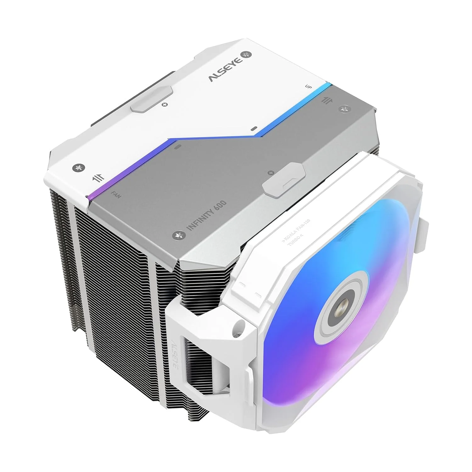 خنک کننده بادی پردازنده ALSEYE i600 با دو برج خنک کننده، توان حرارتی 260 وات، دارای 6 لوله حرارتی و نورپردازی ARGB سازگار با Intel LGA 115X/1200/1700/1851 و AMD AM4/AM5 به همراه دو فن PWM بی صدا (سفید)