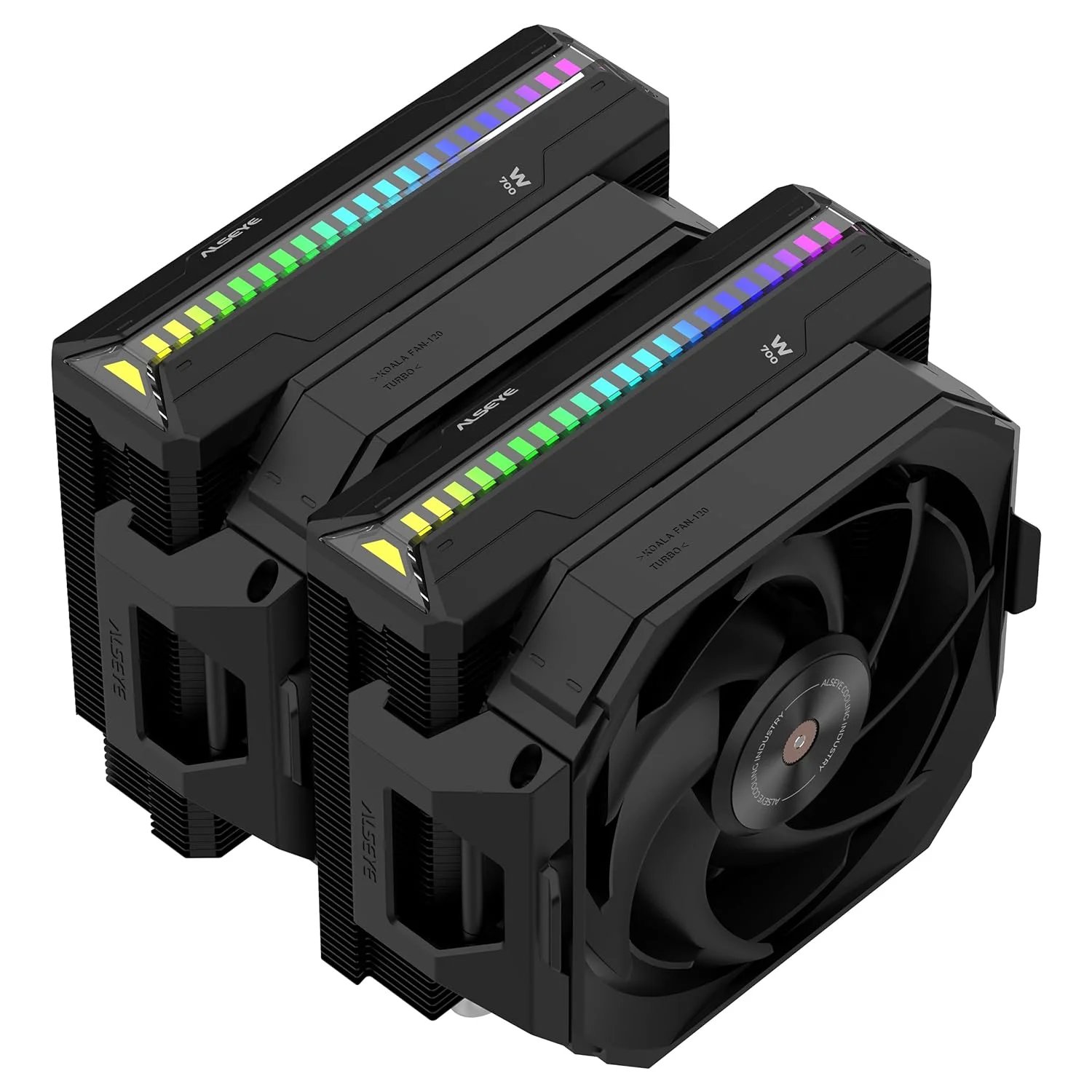 خنک کننده پردازنده ALSEYE W700 Pro با دو برج خنک کننده، توان حرارتی 290W، PWM، دارای 7 لوله حرارتی، پایه مسی، خنک کننده بادی ARGB با نورپردازی هماهنگ شده فعال با صدا، فن های Koala، سازگار با LGA1700/1200/2011/2066 AM5/AM4 (مشکی)