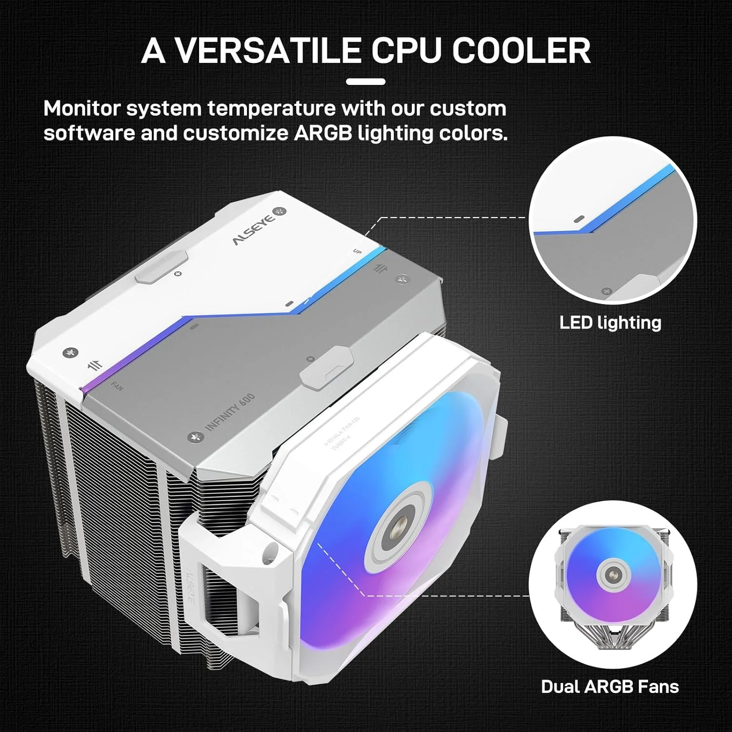 خنک کننده بادی پردازنده ALSEYE i600 با دو برج خنک کننده، توان حرارتی 260 وات، دارای 6 لوله حرارتی و نورپردازی ARGB سازگار با Intel LGA 115X/1200/1700/1851 و AMD AM4/AM5 به همراه دو فن PWM بی صدا (سفید)