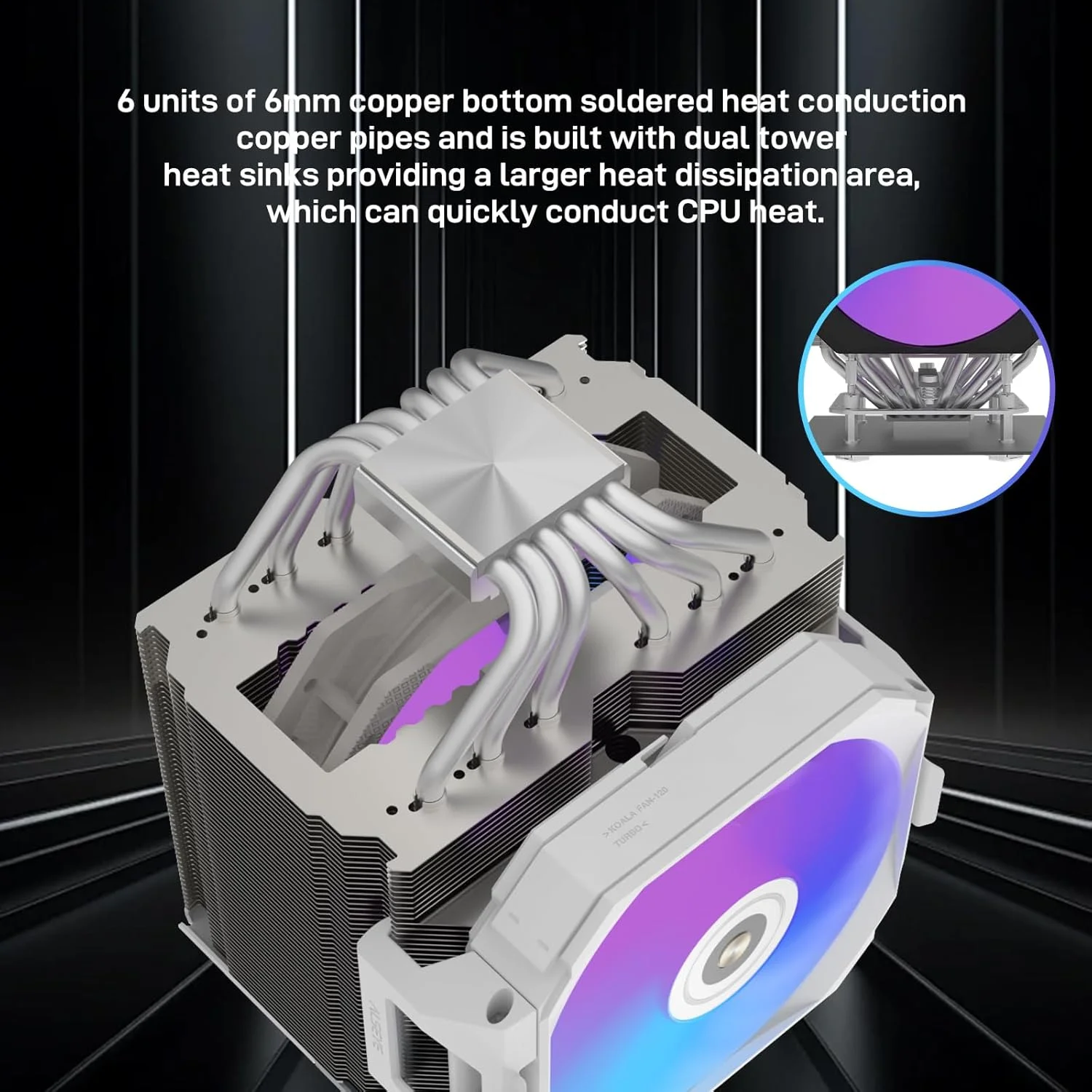 خنک کننده بادی پردازنده ALSEYE i600 با دو برج خنک کننده، توان حرارتی 260 وات، دارای 6 لوله حرارتی و نورپردازی ARGB سازگار با Intel LGA 115X/1200/1700/1851 و AMD AM4/AM5 به همراه دو فن PWM بی صدا (سفید)