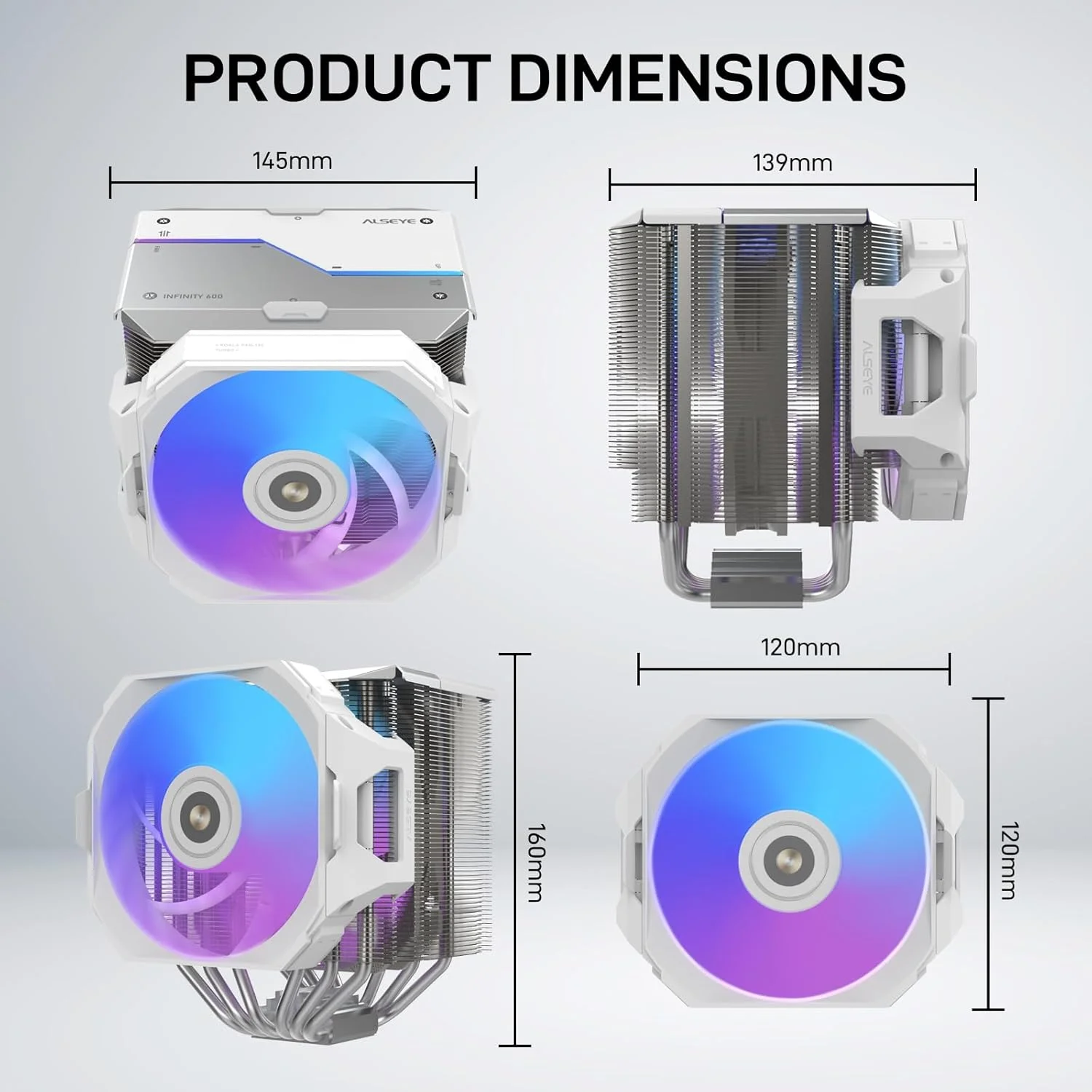 خنک کننده بادی پردازنده ALSEYE i600 با دو برج خنک کننده، توان حرارتی 260 وات، دارای 6 لوله حرارتی و نورپردازی ARGB سازگار با Intel LGA 115X/1200/1700/1851 و AMD AM4/AM5 به همراه دو فن PWM بی صدا (سفید)