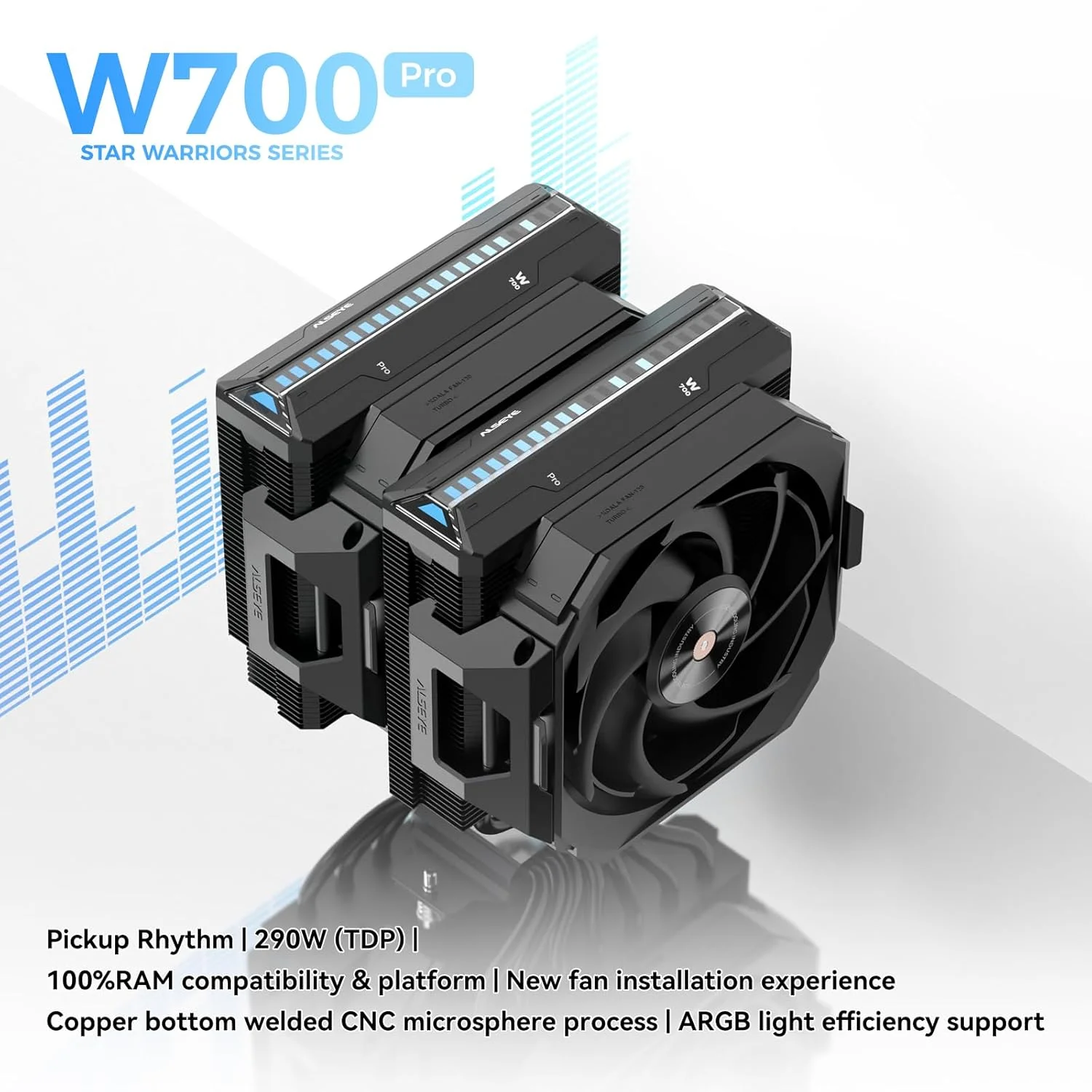 خنک کننده پردازنده ALSEYE W700 Pro با دو برج خنک کننده، توان حرارتی 290W، PWM، دارای 7 لوله حرارتی، پایه مسی، خنک کننده بادی ARGB با نورپردازی هماهنگ شده فعال با صدا، فن های Koala، سازگار با LGA1700/1200/2011/2066 AM5/AM4 (مشکی)