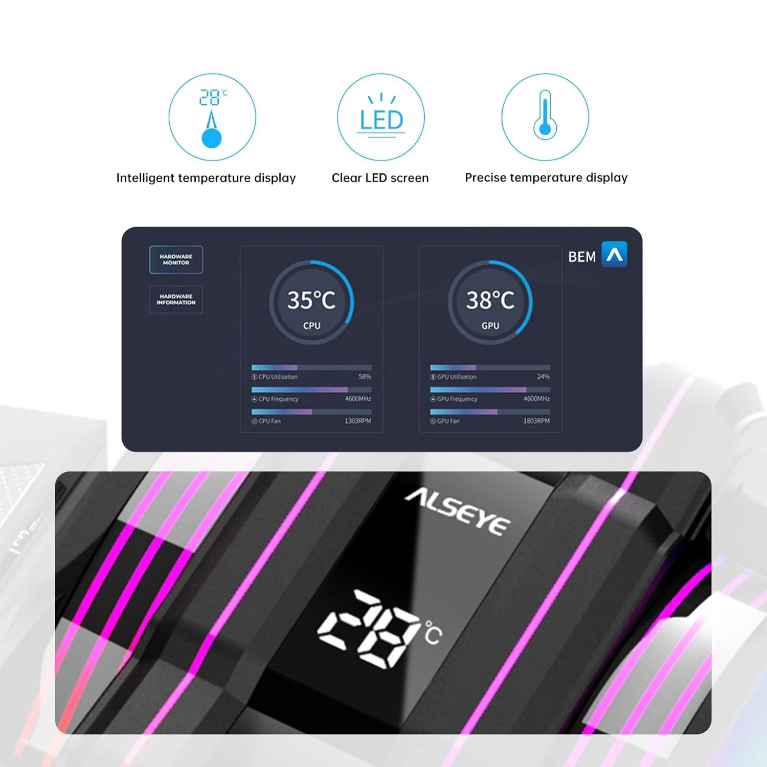 خنک کننده پردازنده ALSEYE M120D Plus Digital، خنک کننده بادی پردازنده با نمایشگر دما، فن سری 120 میلی متری Max با ARGB و PWM، سازگار با Intel LGA 1700/1200/115X/2011/2066/1366/775 AMD AM4، مشکی