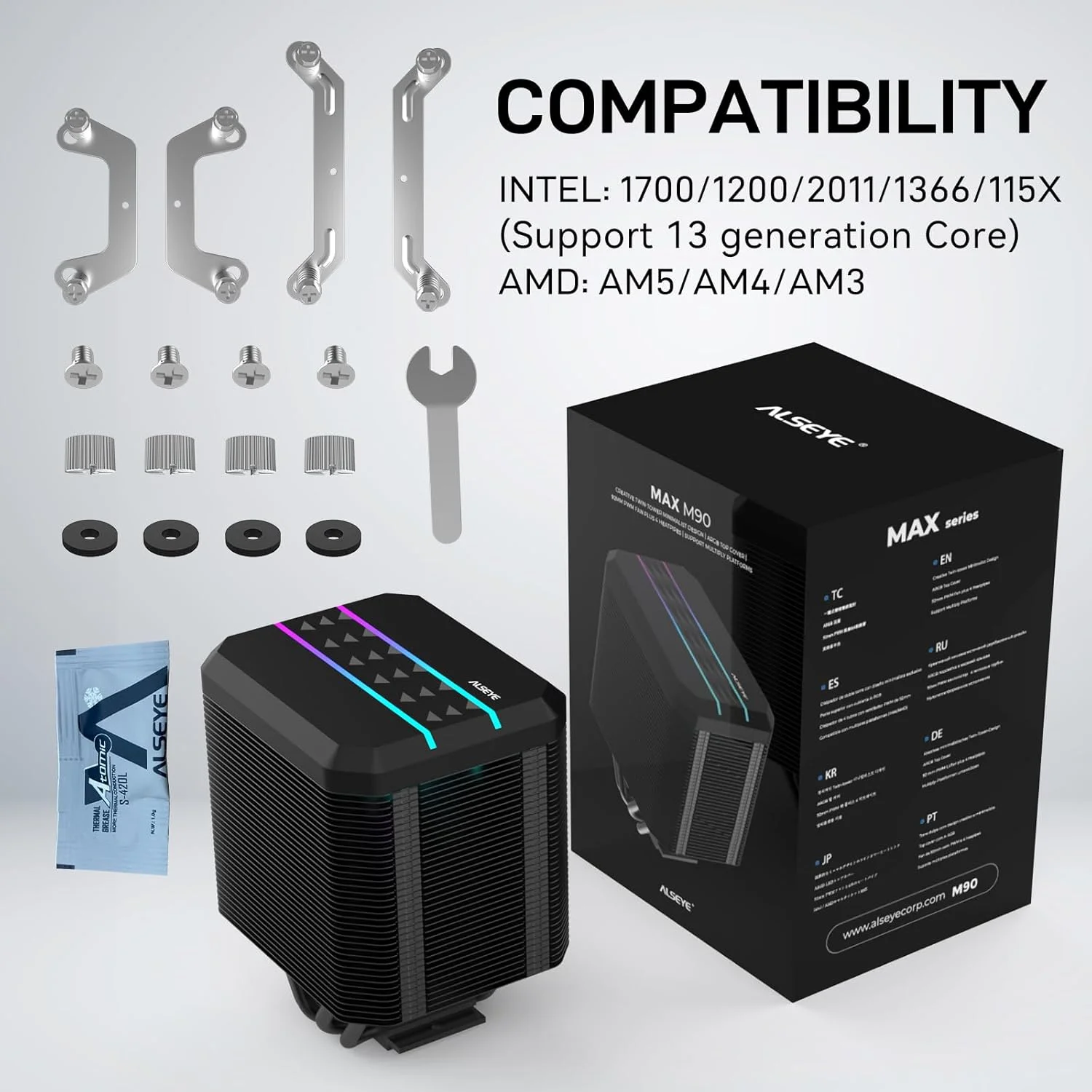 خنک کننده پردازنده ALSEYE M90، خنک کننده پردازنده بادی دو برج با طراحی فن مخفی با پوشش جلوه نور ARGB سازگار با هر دو پلتفرم اینتل و AMD، پشتیبانی از LGA1700 (M90 مشکی)