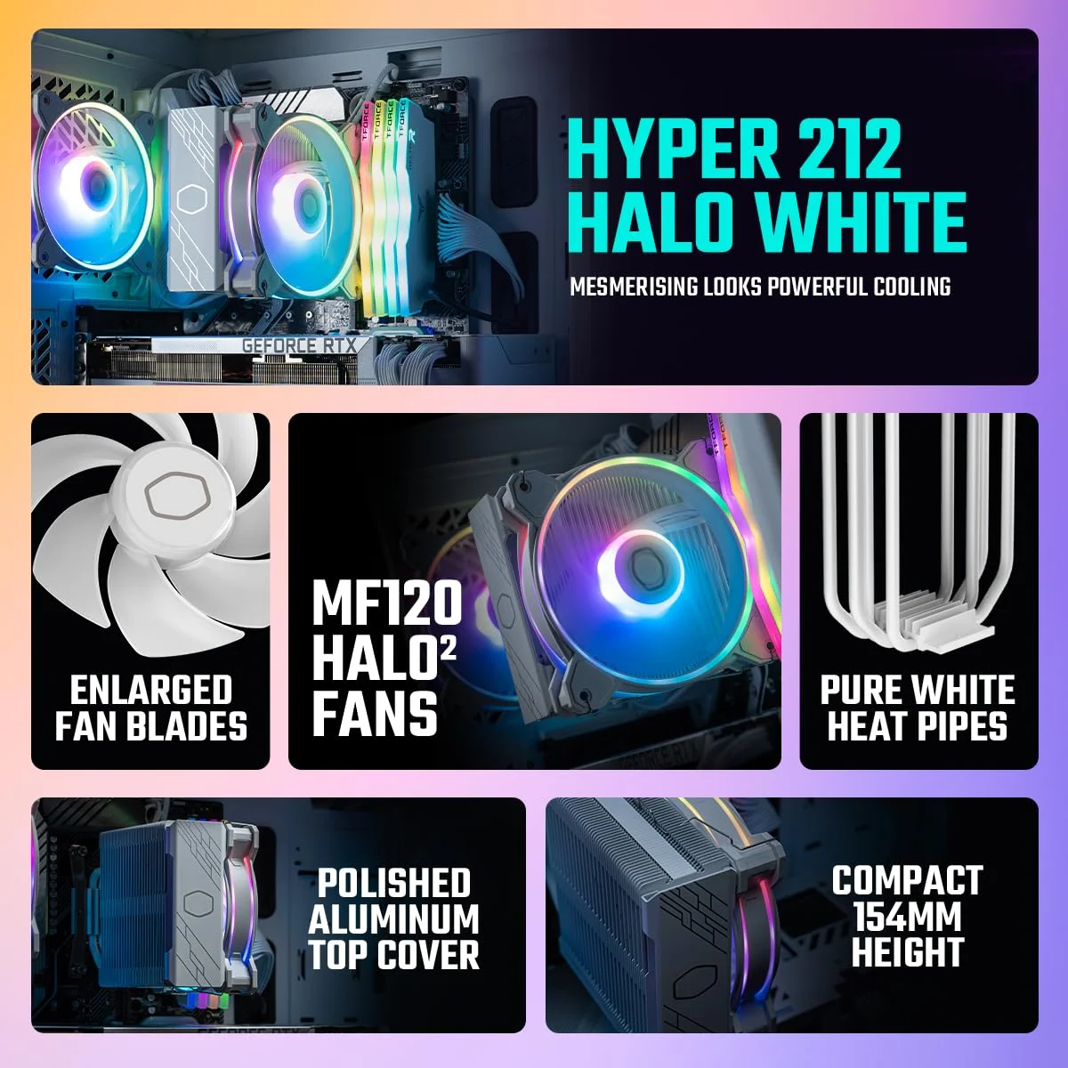 خنک کننده بادی پردازنده Cooler Master Hyper 212 Halo - روکش آلومینیومی سفید خالص، 4 لوله حرارتی تماسی مستقیم مداوم با پره ها، فن MF120 Halo2 ARGB، تشخیص خودکار ARGB، براکت های LGA1700 و AM5 - سفید
