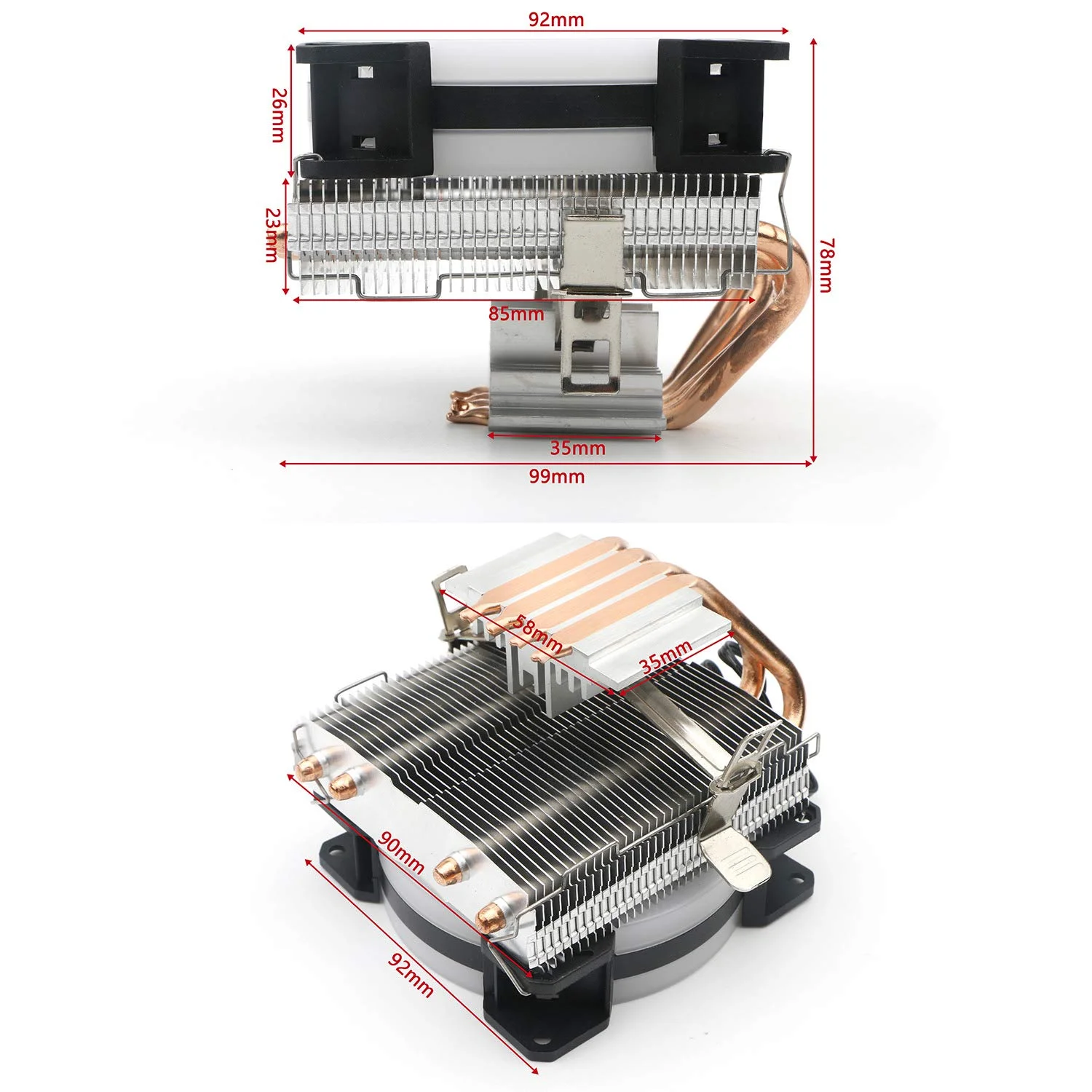 خنک کننده بادی پردازنده کامپیوتر JIUWU با 4 لوله حرارتی تماس مستقیم، LED آبی برای پردازنده های Intel AMD شاسی کوچک فن 92 میلی متری (775 1150 1155 1151 1156)