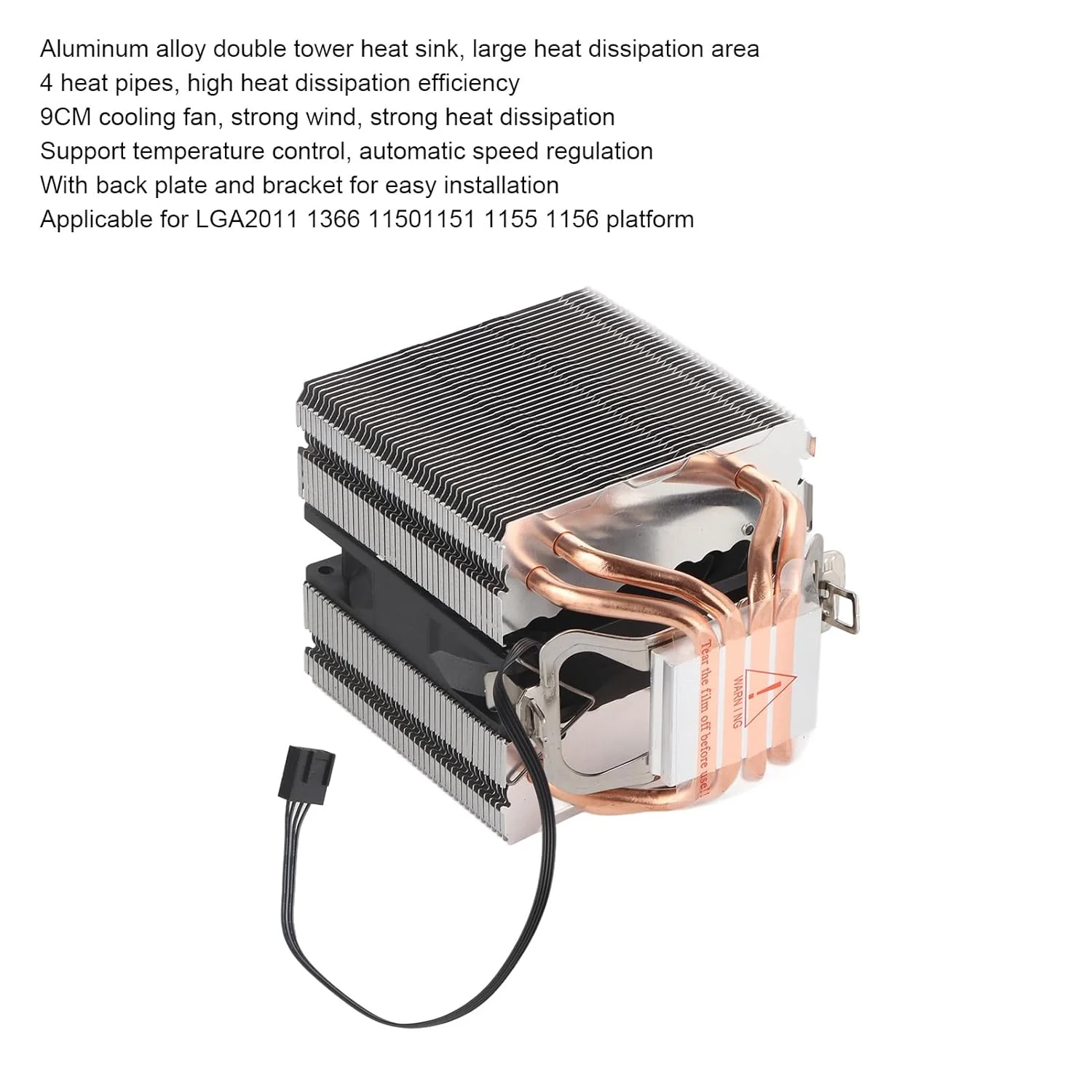 فن رادیاتور خنک کننده پردازنده، هیت سینک خنک کننده هوا با 4 لوله حرارتی مسی برای LGA 2011 1366 11501151 1155 1156