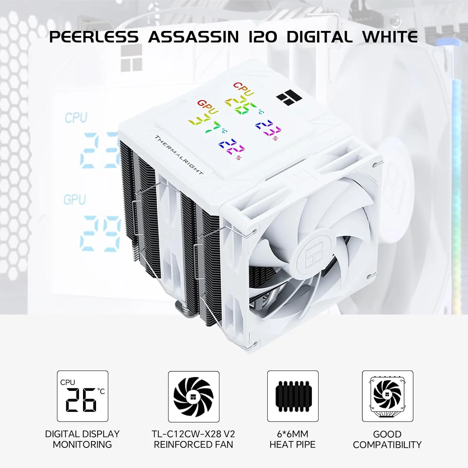 خنک کننده بادی پردازنده Peerless Assassin 120 Digital White، نمایشگر دیجیتال دما | 6 لوله حرارتی | فن های PWM با سرعت 1850 دور در دقیقه، برای Intel 1851/1700، AMD AM4/AM5
