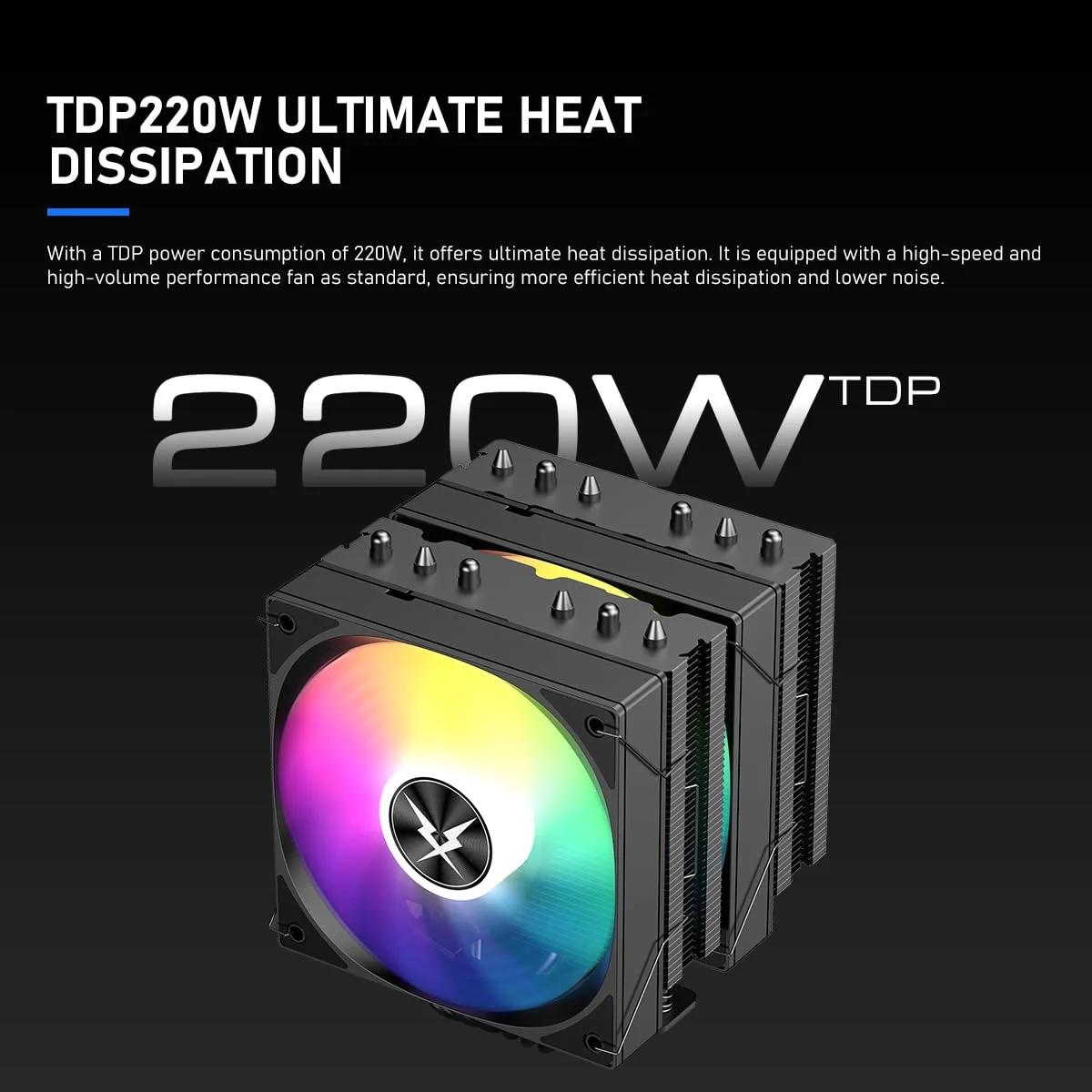 خنک کننده بادی پردازنده RUIX GT620، دارای 6 لوله حرارتی، دو برج، دو فن 120 میلی متری PWM، توان حرارتی 220 وات، سازگار با AMD AM4 AM5 / Intel LGA 1851/1700/1200/115X، مشکی - RGB