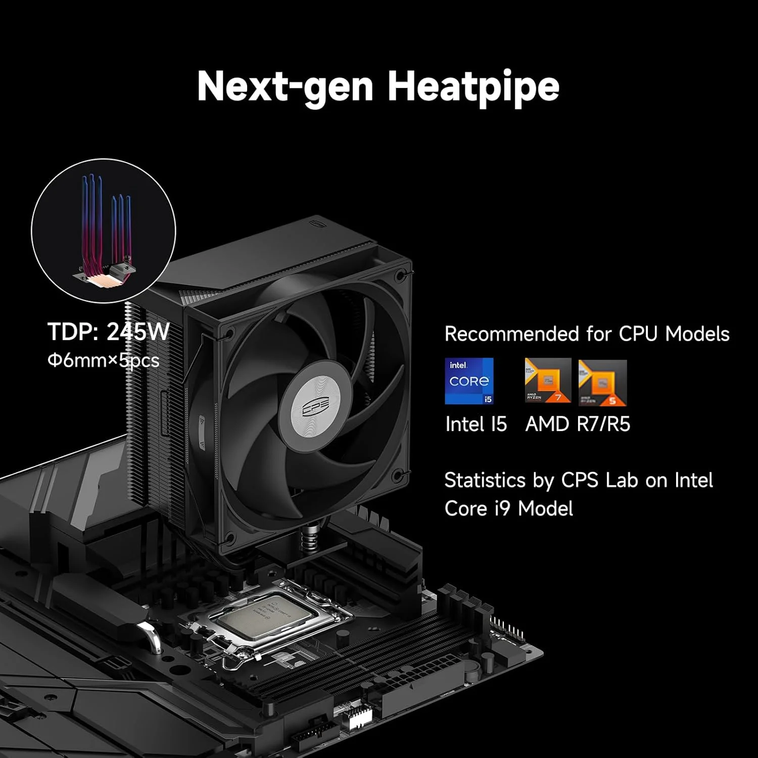 خنک کننده بادی پردازنده PCCOOLER، دارای 5 لوله حرارتی 6 میلی متری، فن 120 میلی متری ARGB، بلبرینگ هیدرولیک، جریان هوای بالا 73.3CFM، سازگار با Intel LGA115X/1200/1700/1851 و AMD AM4/AM5 (RT500 TC BK)