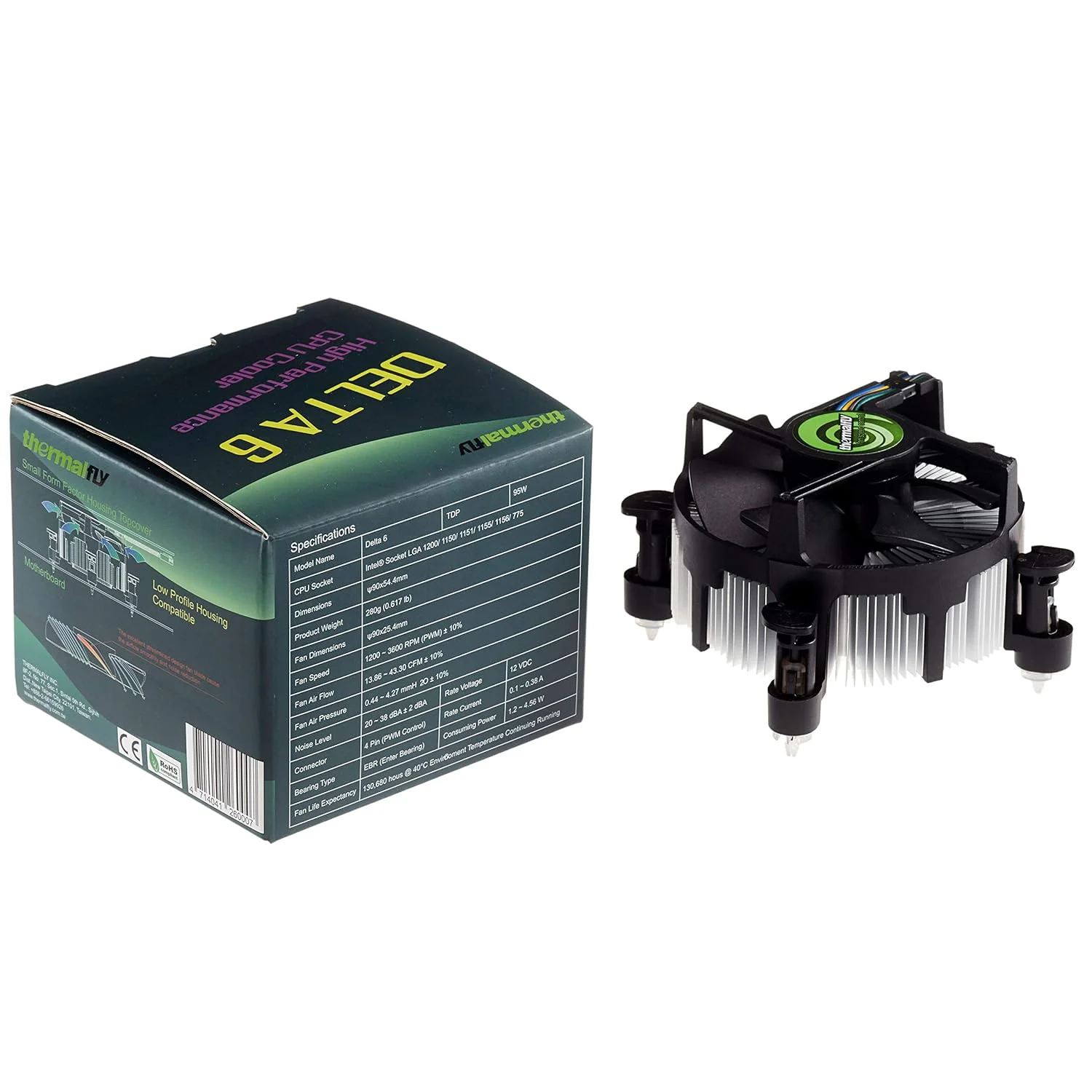 خنک کننده پردازنده دلتا 6 برای سوکت های اینتل LGA1200/LGA775/LGA1150/LGA1151/LGA1155/LGA1156، فن 90 میلی متری 4 پین PWM، توان خنک کنندگی تا 100 وات، گریس با عملکرد بالا از پیش اعمال شده، برای کامپیوتر رومیزی