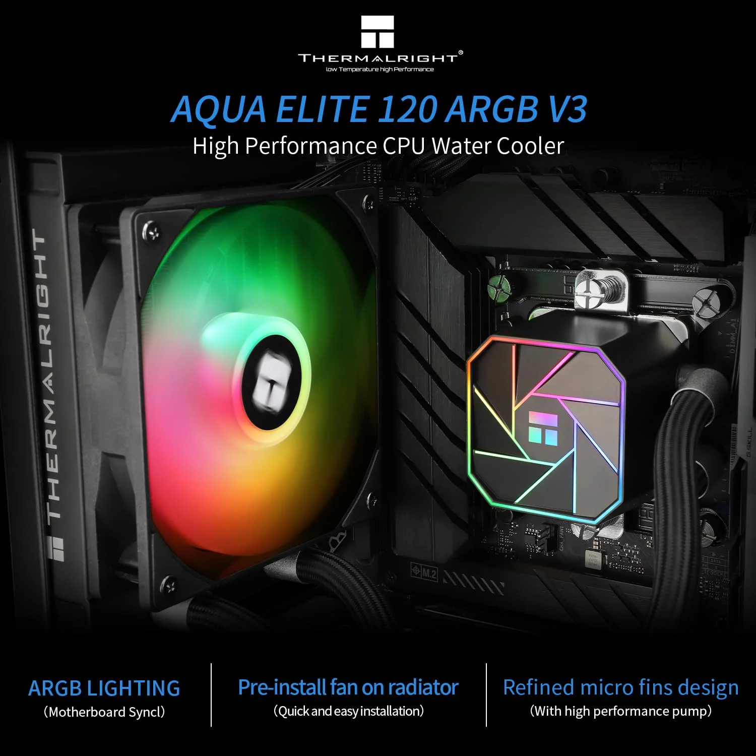 خنک کننده مایع پردازنده Thermalright Aqua Elite 120 V3، فن PWM ARGB با بلبرینگ های S-FDB، پمپ کنترل شده PWM کارآمد، برای AMD/AM4/AM5، Intel LGA1150/1151/1200/2011/1700، (AE120 V3)