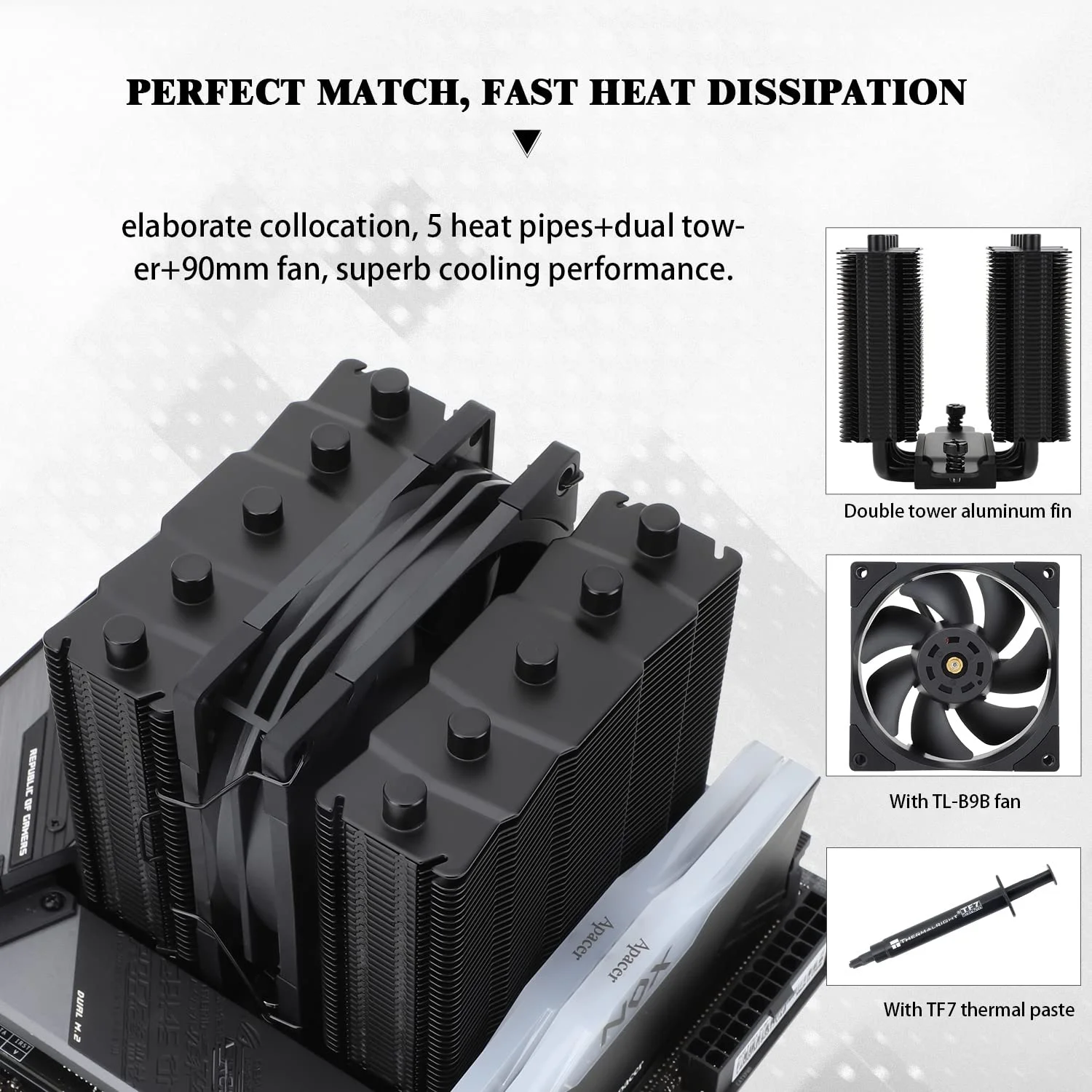 خنک کننده پردازنده Thermalright Silver Soul 110 Black، دو برج خنک کننده، 5 لوله حرارتی، ارتفاع 110 میلی متر، فن PWM مدل TL-B9B، پوشش هیت سینک آلومینیومی، فناوری AGHP، برای AMD AM4 AM5 / Intel 1700/1150/1151/1200/2011