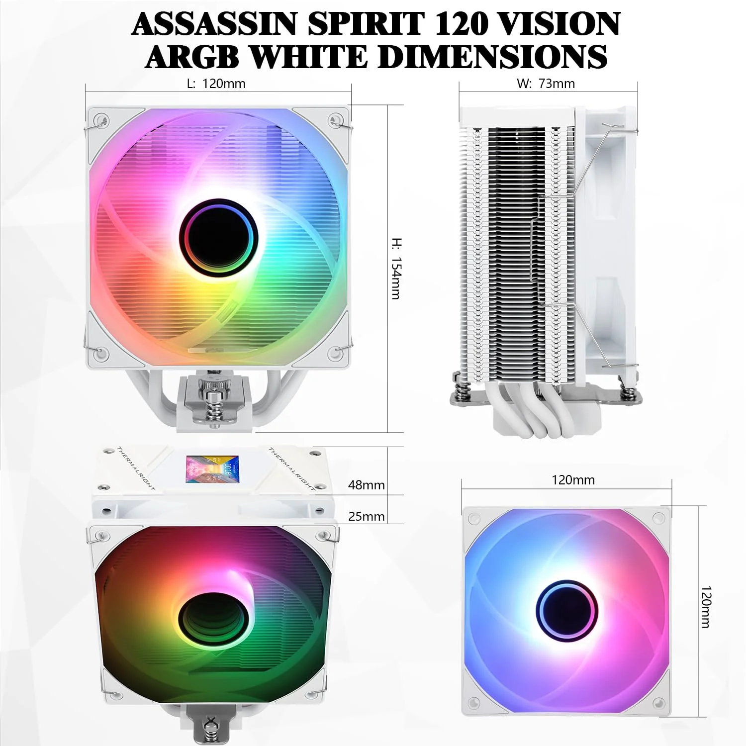 خنک‌کننده پردازنده Thermalright Assassin Spirit 120 Vision ARGB سفید با صفحه نمایش LCD IPS با رزولوشن 240*240 اینچ، خنک کننده بادی پردازنده کامپیوتر برای LGA1700/1851/115X، AM4/AM5، رادیاتور با عملکرد بالا