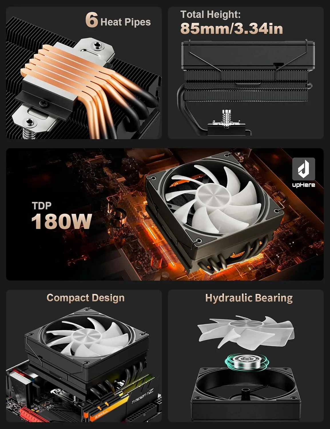 upHere 180W TDP Top Flow CPU Cooler with Φ6mm*6 High Performance Copper Heat Pipes,120mm ARGB Fan CPU Cooler 1650rmp,CPU Air Cooler Compatible with Intel LGA 1851/1700/2011/2066 AMD AM5/AM4/AM3,H85KC6