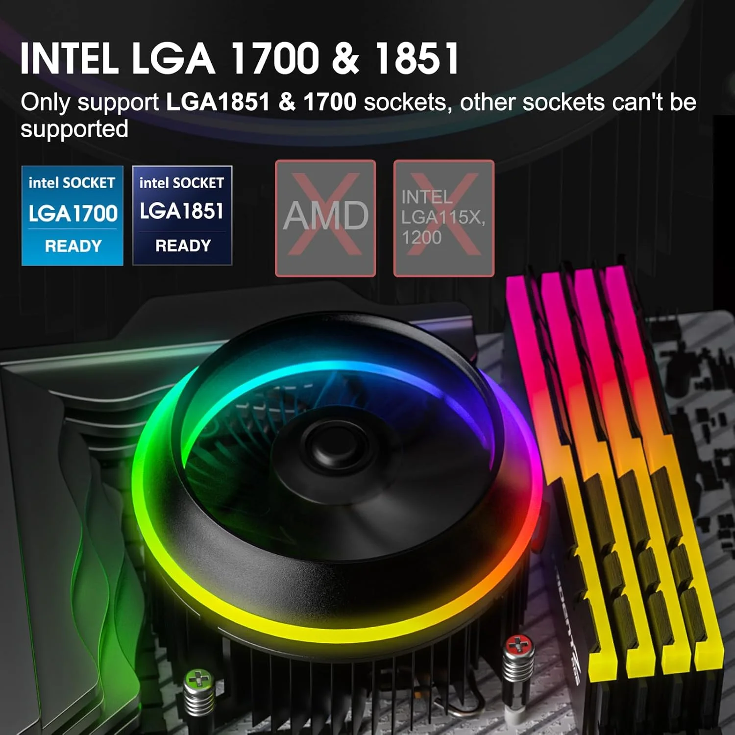 خنک کننده پردازنده Vetroo Eclipse با نورپردازی ARGB و طراحی کم حجم، فن PWM چهار پین 90 میلی‌متری، پره‌های آلومینیومی با کیفیت، خنک کننده هوای 95 واتی TDP فقط برای Intel LGA 1851 و 1700