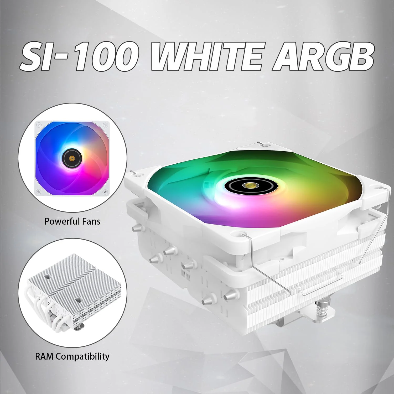 خنک‌کننده بادی پردازنده SI-100 سفید ARGB، دارای 6 لوله حرارتی 6 میلی‌متری، فن خنک‌کننده بی‌صدای PWM 120 میلی‌متری با بلبرینگ S-FDB V2.0، فناوری AGHP 3.0، برای AMD AM4 AM5/Intel 1150/1151/1200/1700/2066، خنک‌کننده کامپیوتر