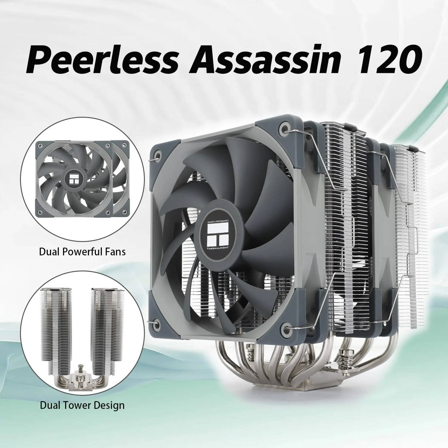 خنک‌کننده بادی پردازنده Peerless Assassin 120، مدل PA120، دارای 6 لوله حرارتی، فن دوگانه 120 میلی‌متری TL-C12 PWM، پوشش هیت سینک آلومینیومی، فناوری AGHP، برای AMD AM4 AM5/Intel 115X/1851/1200/1700/2011