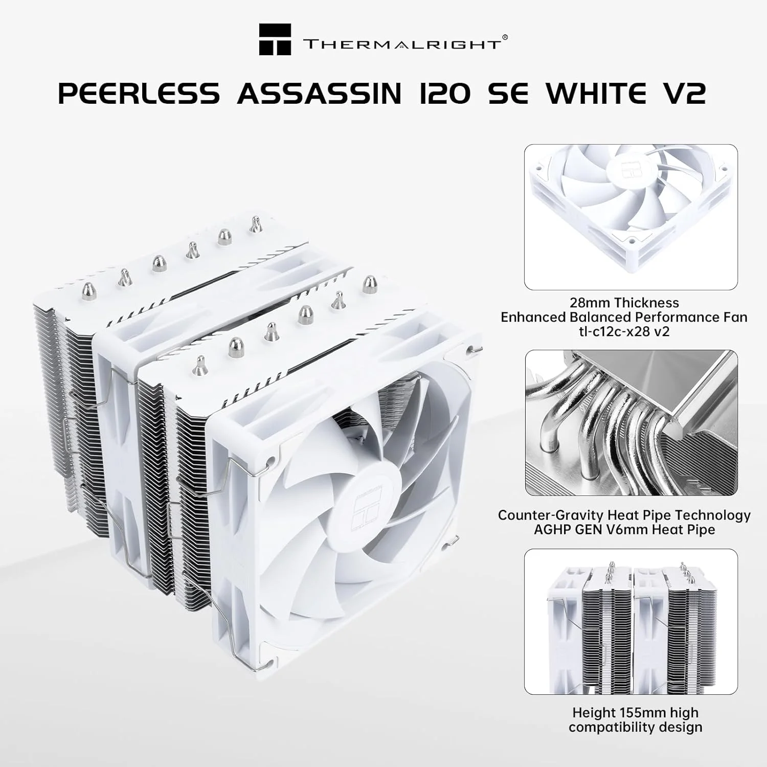 خنک کننده بادی پردازنده Thermalright Peerless Assassin 120 SE White V2 - دارای 6 لوله حرارتی با فناوری AGHP GEN 5.0 | فن های PWM 120 میلی متری با سرعت 1850 دور در دقیقه، برای Intel 1851/1700/115X/1200، AMD AM4/AM5