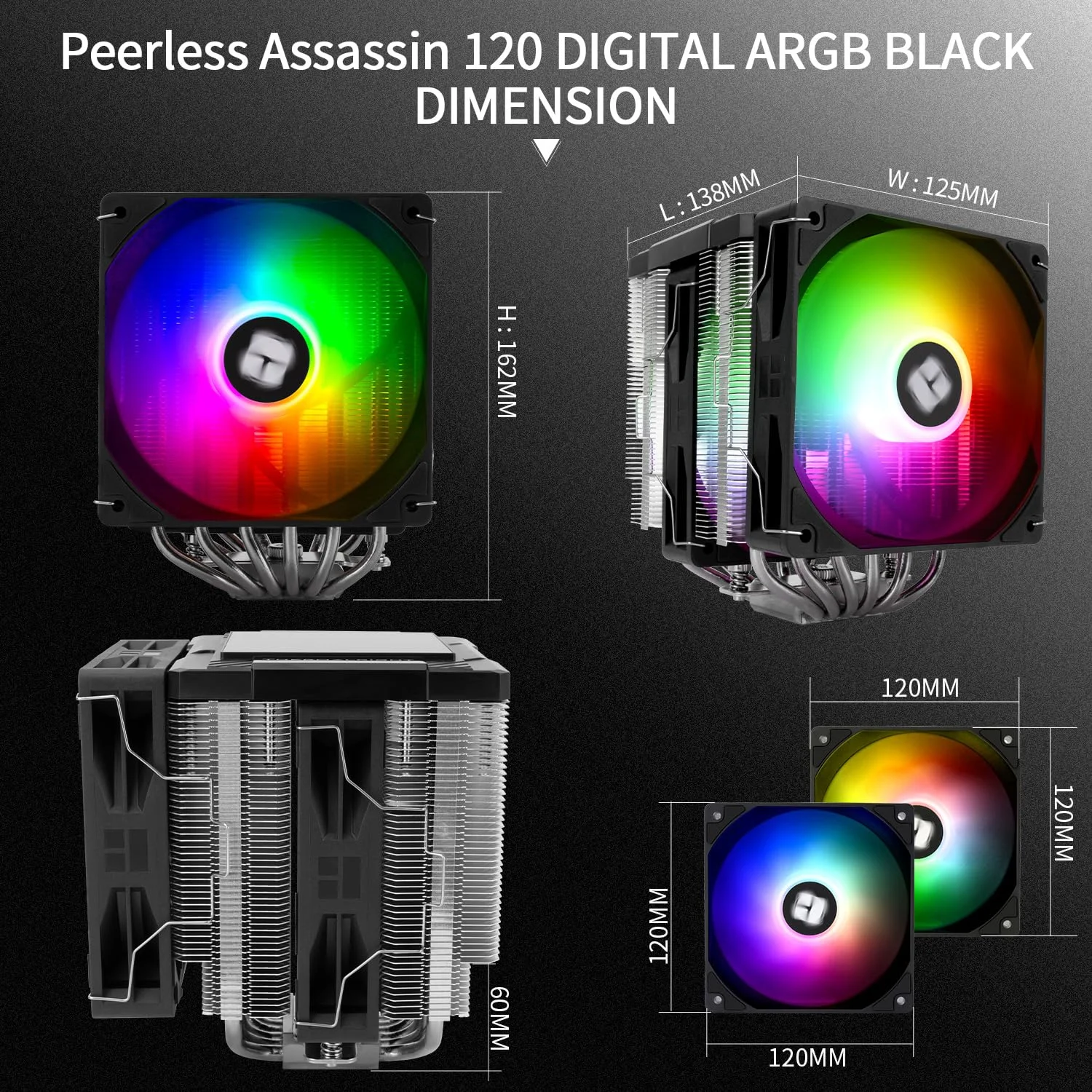 خنک‌کننده پردازنده بادی Thermalright Peerless Assassin 120 Digital ARGB Black با 6 لوله حرارتی 6 میلی‌متری، پوشش بالایی مغناطیسی نمایشگر، هیت سینک خنک‌کننده پردازنده، برای AM4/AM5 و Intel lga1700/1851/1150/1151/1200