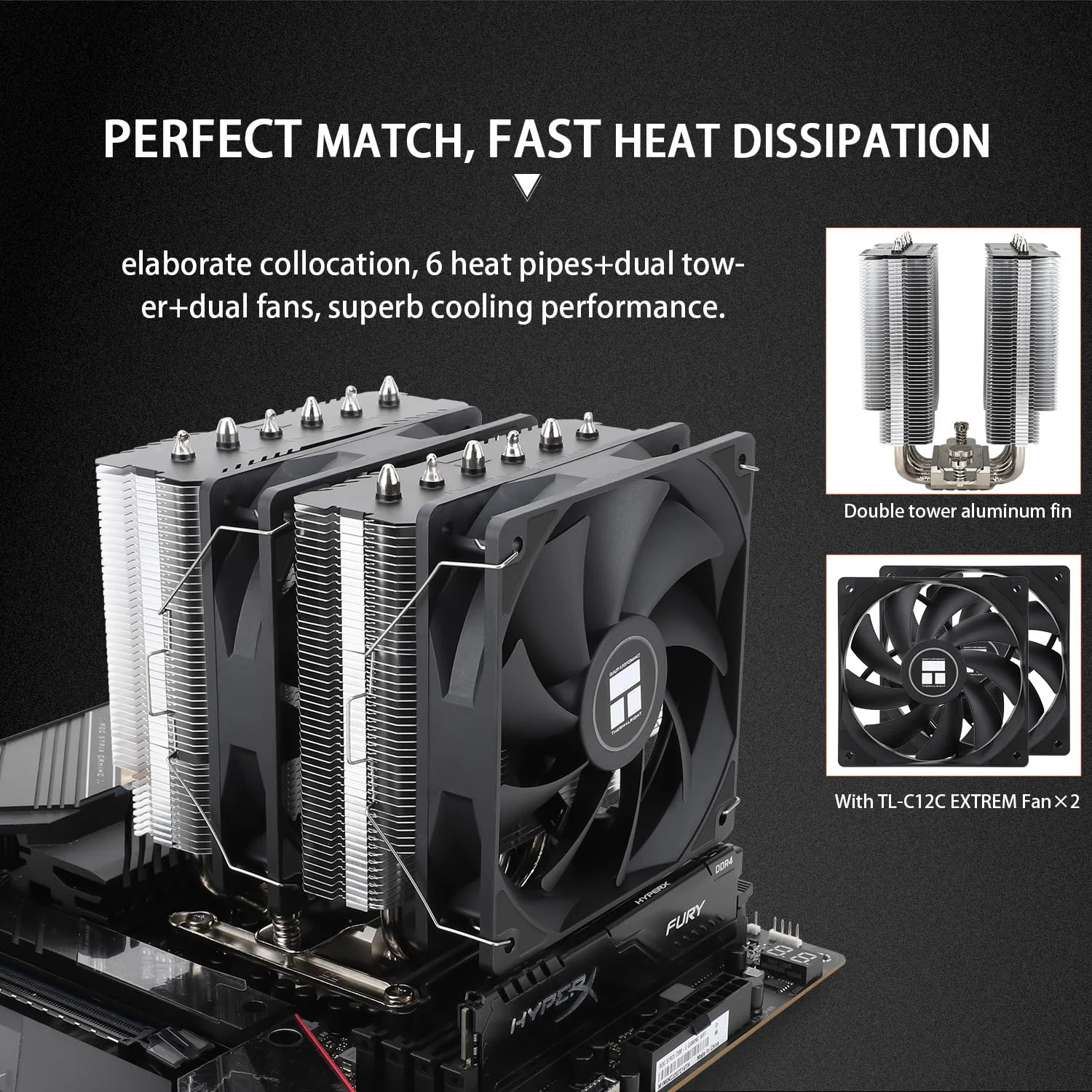 خنک‌کننده بادی پردازنده Thermalright Peerless Assassin 120 SE Extrem با 6 لوله حرارتی، دو فن PWM، فناوری لوله حرارتی AGHP، خنک‌کنندگی بالا 154 میلی‌متری، برای AM5/AM4، Intel LGA1851/1700/1150/1151/1155/1156/1200