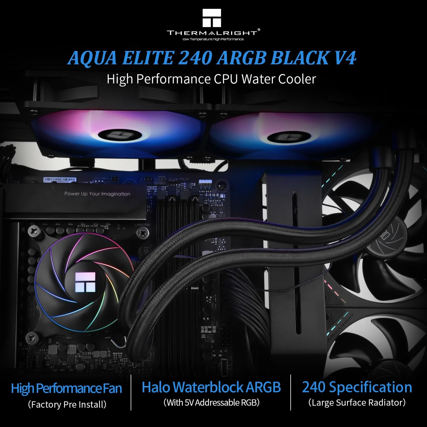 خنک کننده مایع پردازنده Thermalright Aqua Elite 240 ARGB V4، سایز رادیاتور 240، 2 عدد فن 120mm PWM، خنک کننده پردازنده کامپیوتر، برای AMD: AM4/AM5، Intel LGA1851/1700/1150/1151/1155/1156/1200/2011 (مشکی)