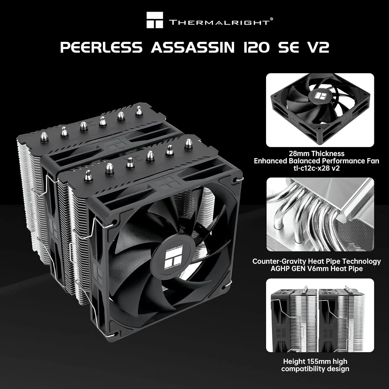 خنک کننده بادی پردازنده Thermalright Peerless Assassin 120 SE V2 - دارای 6 لوله حرارتی با فناوری AGHP GEN 5.0 | فن های 120 میلی متری PWM با سرعت 1850 دور در دقیقه، برای Intel 1851/1700/115X/1200، AMD AM4/AM5