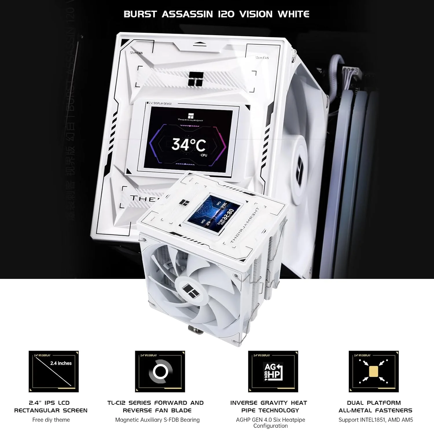 خنک‌کننده پردازنده Thermalright Burst Assassin 120 Vision Digital - دارای صفحه نمایش مربعی چرخان 2.4 اینچی IPS، طراحی فن 120 میلی‌متری جلو و عقب، پشتیبانی از Intel LGA1700/1150/1151/1200/1851 و AMD AM4/AM5 | سفید