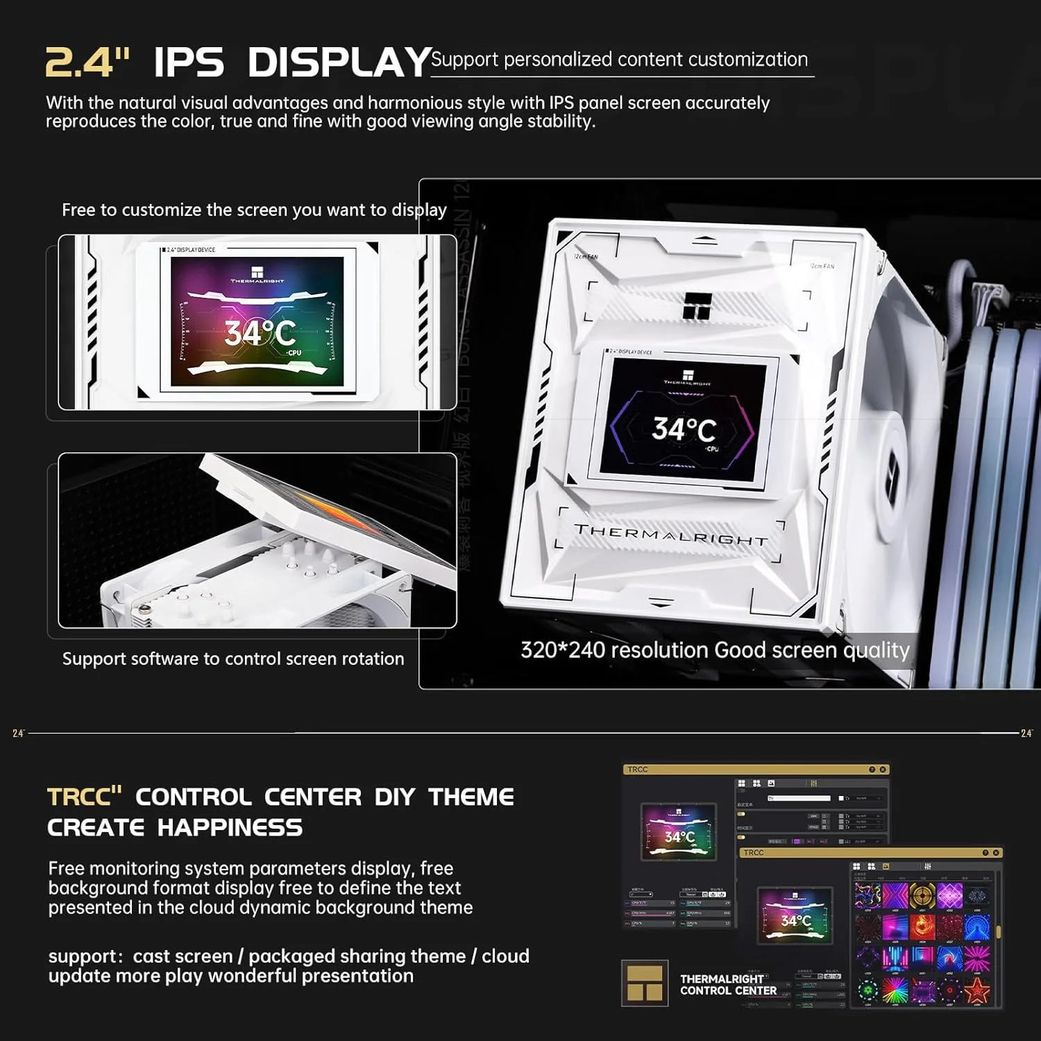خنک‌کننده پردازنده Thermalright Burst Assassin 120 Vision Digital - دارای صفحه نمایش مربعی چرخان 2.4 اینچی IPS، طراحی فن 120 میلی‌متری جلو و عقب، پشتیبانی از Intel LGA1700/1150/1151/1200/1851 و AMD AM4/AM5 | سفید