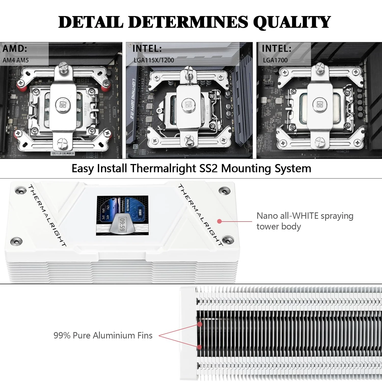 خنک کننده پردازنده Thermalright Assassin Spirit 120 Vision ARGB سفید، خنک کننده هیت سینک کامپیوتر با 4 لوله حرارتی، خنک کننده پردازنده با صفحه نمایش 1.54 اینچی، قدرت تفکیک 240*240، برای AM4/AM5 و LGA1700/1851/115X