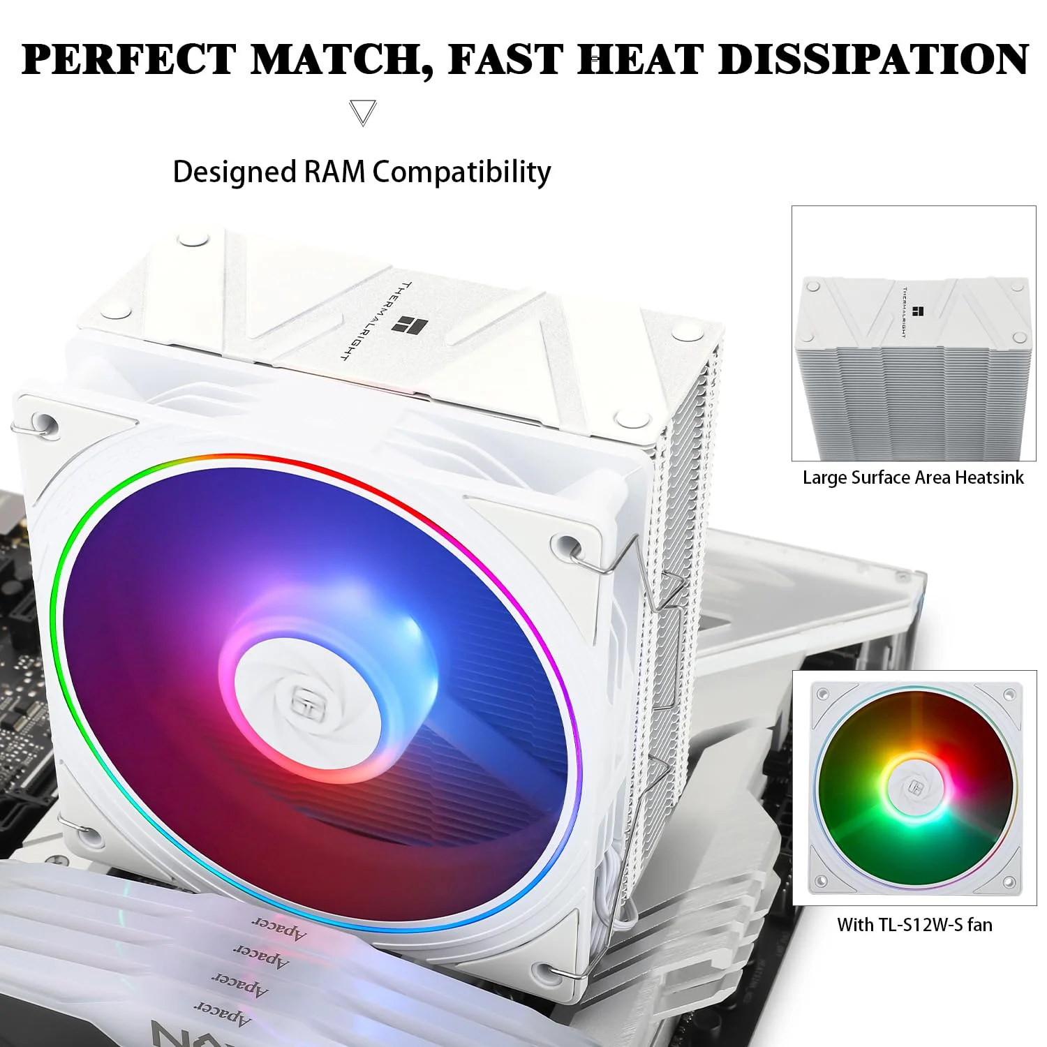 خنک‌کننده بادی پردازنده Thermalright Assassin Spirit 120 EVO White ARGB، سرعت 2000 دور در دقیقه، 4 لوله حرارتی، فن 12 سانتی‌متری سفید PWM بی‌صدا با بلبرینگ S-FDB، برای AMD AM4 AM5 / Intel 1700/1150/1151/1200، خنک کننده کامپیوتر