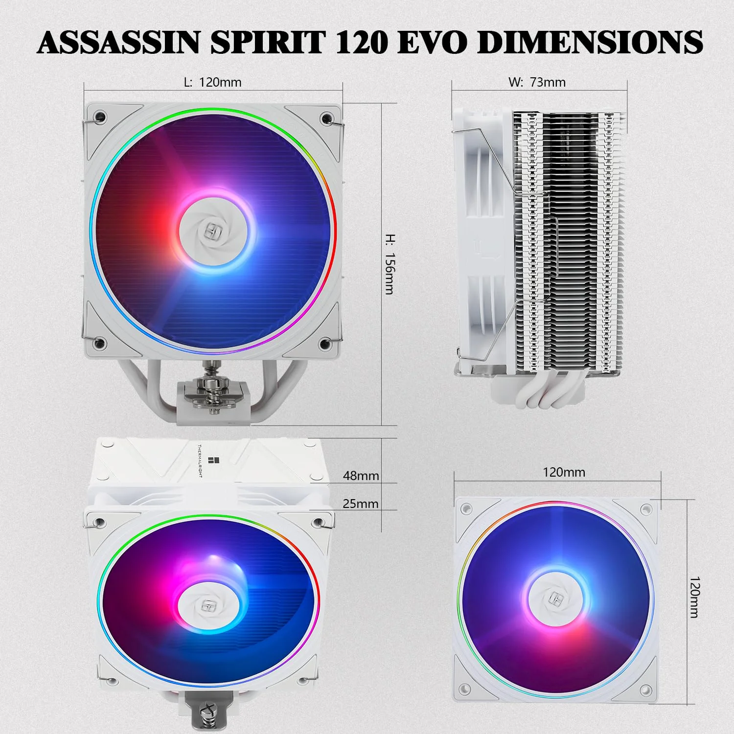 خنک‌کننده بادی پردازنده Thermalright Assassin Spirit 120 EVO White ARGB، سرعت 2000 دور در دقیقه، 4 لوله حرارتی، فن 12 سانتی‌متری سفید PWM بی‌صدا با بلبرینگ S-FDB، برای AMD AM4 AM5 / Intel 1700/1150/1151/1200، خنک کننده کامپیوتر