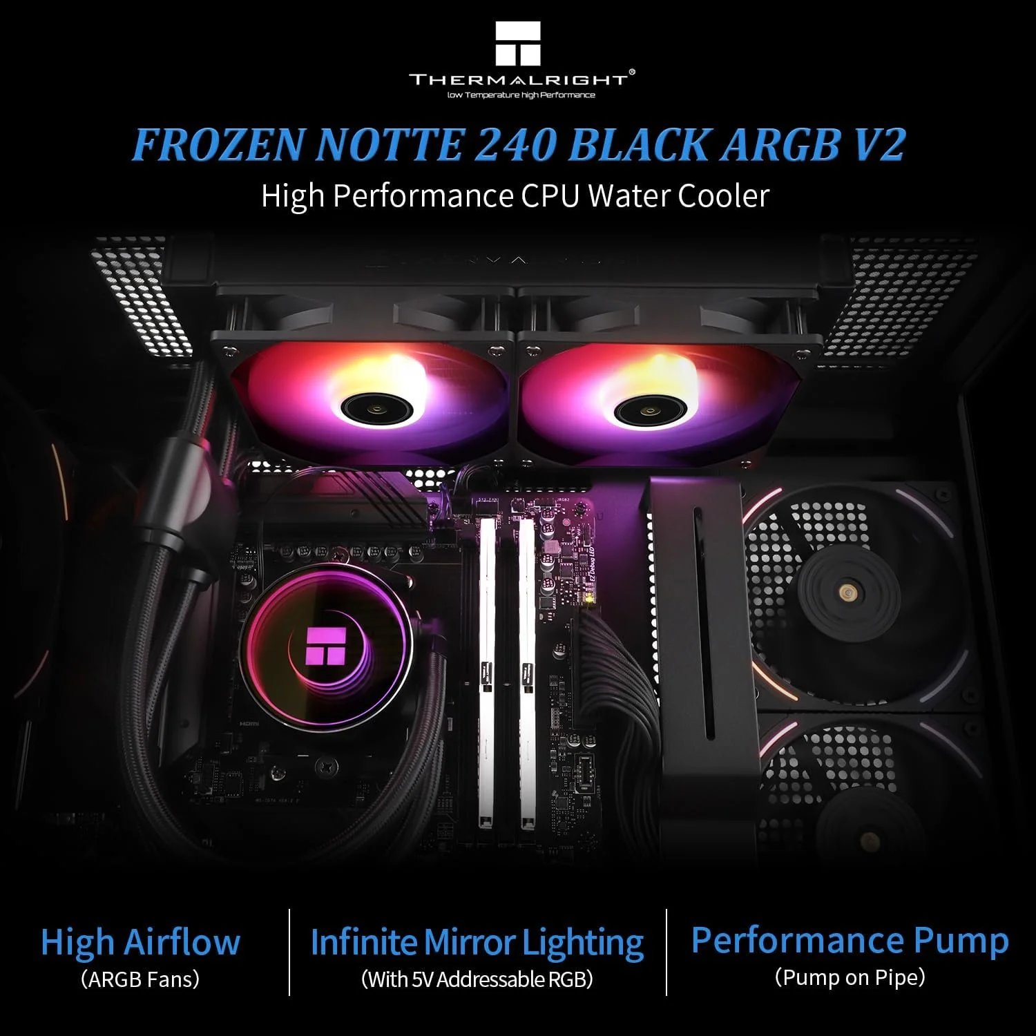 خنک کننده آبی پردازنده Thermalright Frozen Notte 240 Black ARGB V2، مشخصات خنک کننده پردازنده 240 Black، فن های PWM دوتایی، بلبرینگ های S-FDB، مناسب برای AMD/AM4 AM5، Intel LGA 1700/1150/1151/1200/2011 خنک کننده آبی پردازنده Thermalright Frozen Notte 240 Black ARGB V2، مشخصات خنک کننده پردازنده 240 Black، فن های PWM دوتایی، بلبرینگ های S-FDB، مناسب برای AMD/AM4 AM5، Intel LGA 1700/1150/1151/1200/2011