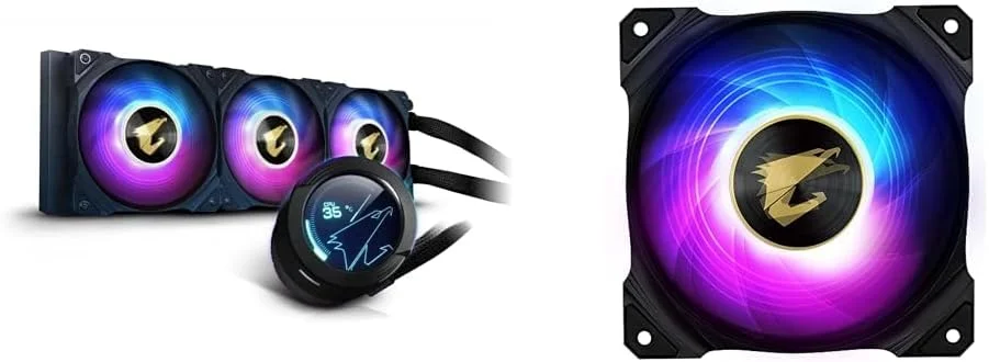 خنک کننده مایع پردازنده گیگابایت AORUS WATERFORCE X 360 AIO، دارای صفحه نمایش LCD دایره ای چرخان و فن ARGB با بلبرینگ آستینی 120 میلی متری AORUS، مشکی