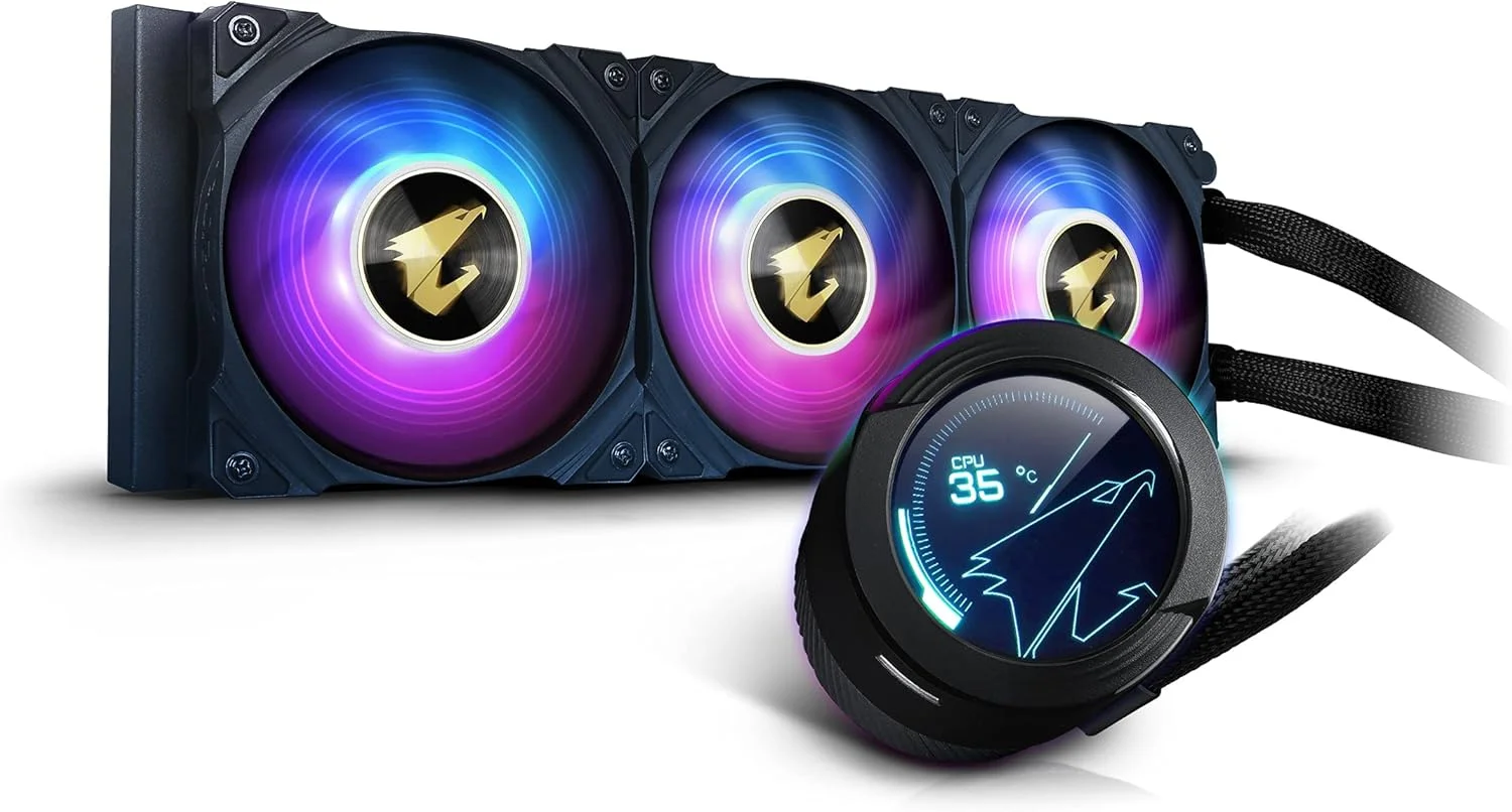 خنک کننده مایع پردازنده گیگابایت AORUS WATERFORCE X 360 AIO، دارای صفحه نمایش LCD دایره ای چرخان و فن ARGB با بلبرینگ آستینی 120 میلی متری AORUS، مشکی