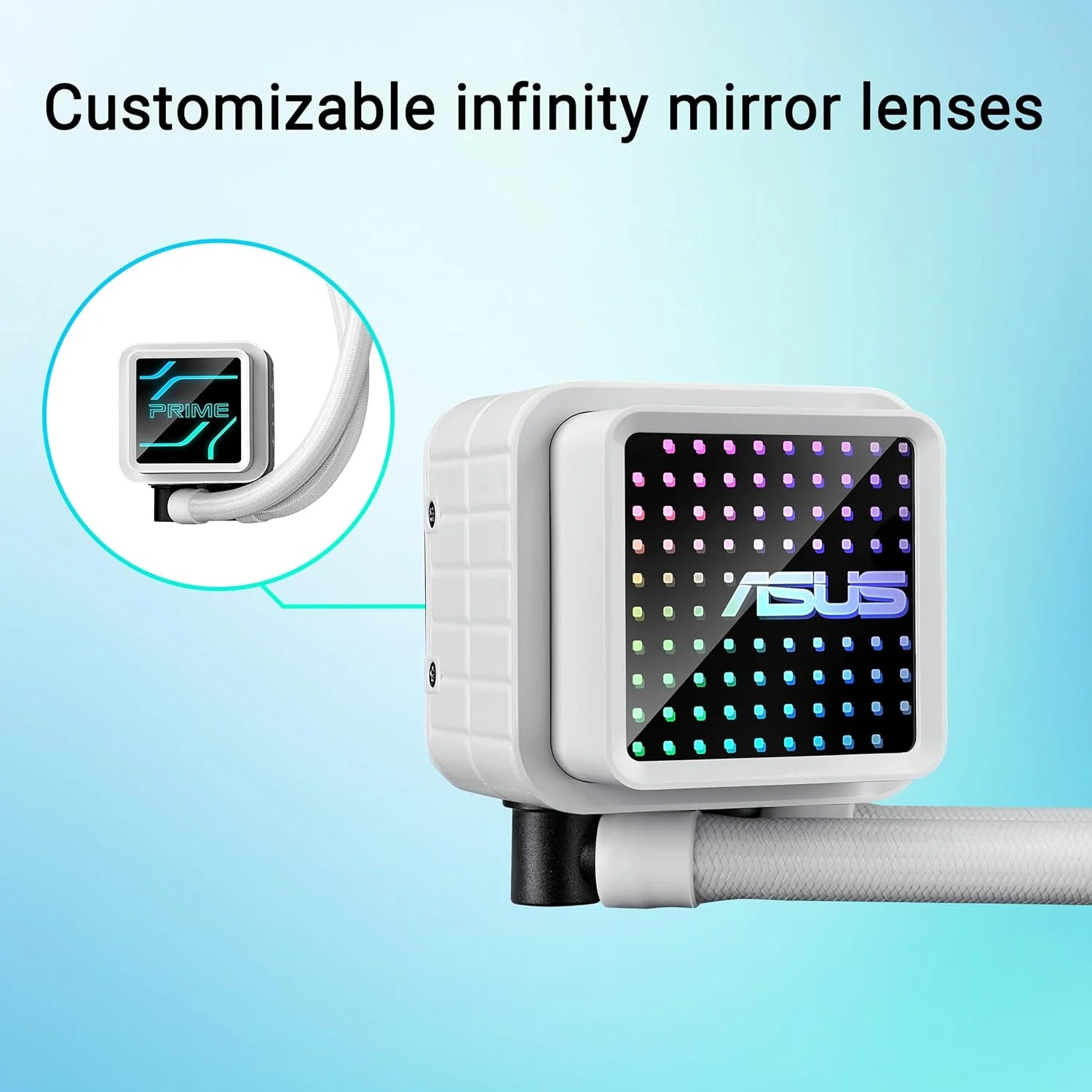 خنک کننده مایع پردازنده همه کاره ASUS Prime LC 360 ARGB White Edition با ناحیه تماس CPU و کانال های پره دار ویژه، واتر بلاک با گزینه های لنز آینه بی نهایت، فن های ARGB از پیش نصب شده.