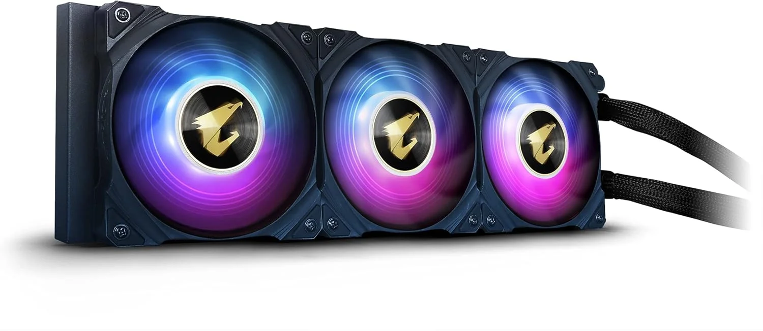 خنک کننده مایع پردازنده گیگابایت AORUS WATERFORCE X 360 AIO، دارای صفحه نمایش LCD دایره ای چرخان و فن ARGB با بلبرینگ آستینی 120 میلی متری AORUS، مشکی