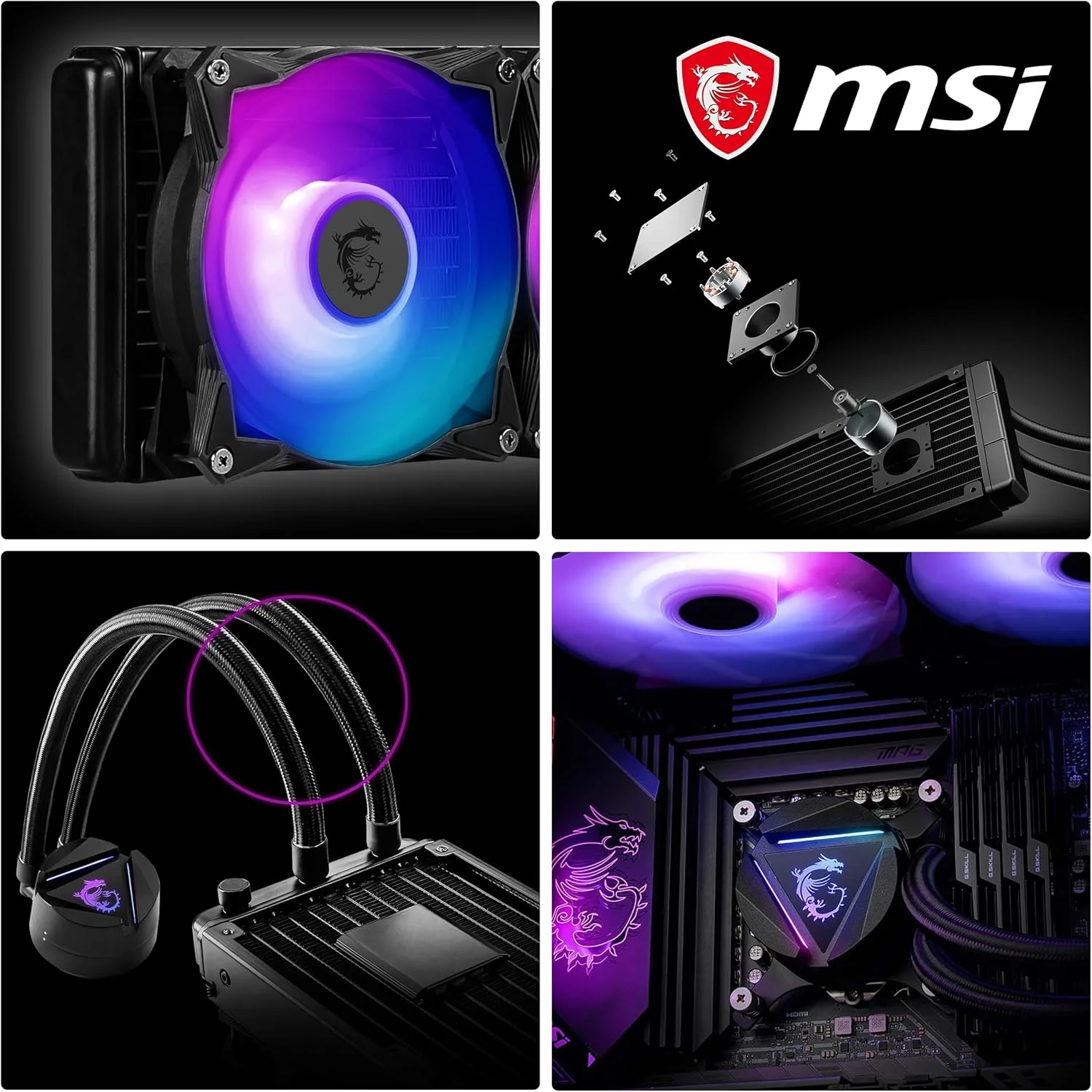 خنک کننده مایع پردازنده MSI MAG CORELIQUID 240R V2 AIO - دارای بلوک ARGB چرخشی، پمپ رادیاتور یکپارچه، خنک کننده آبی جریان شکافته، لوله های ضد تبخیر، نصب آسان - سازگار با AMD و Intel