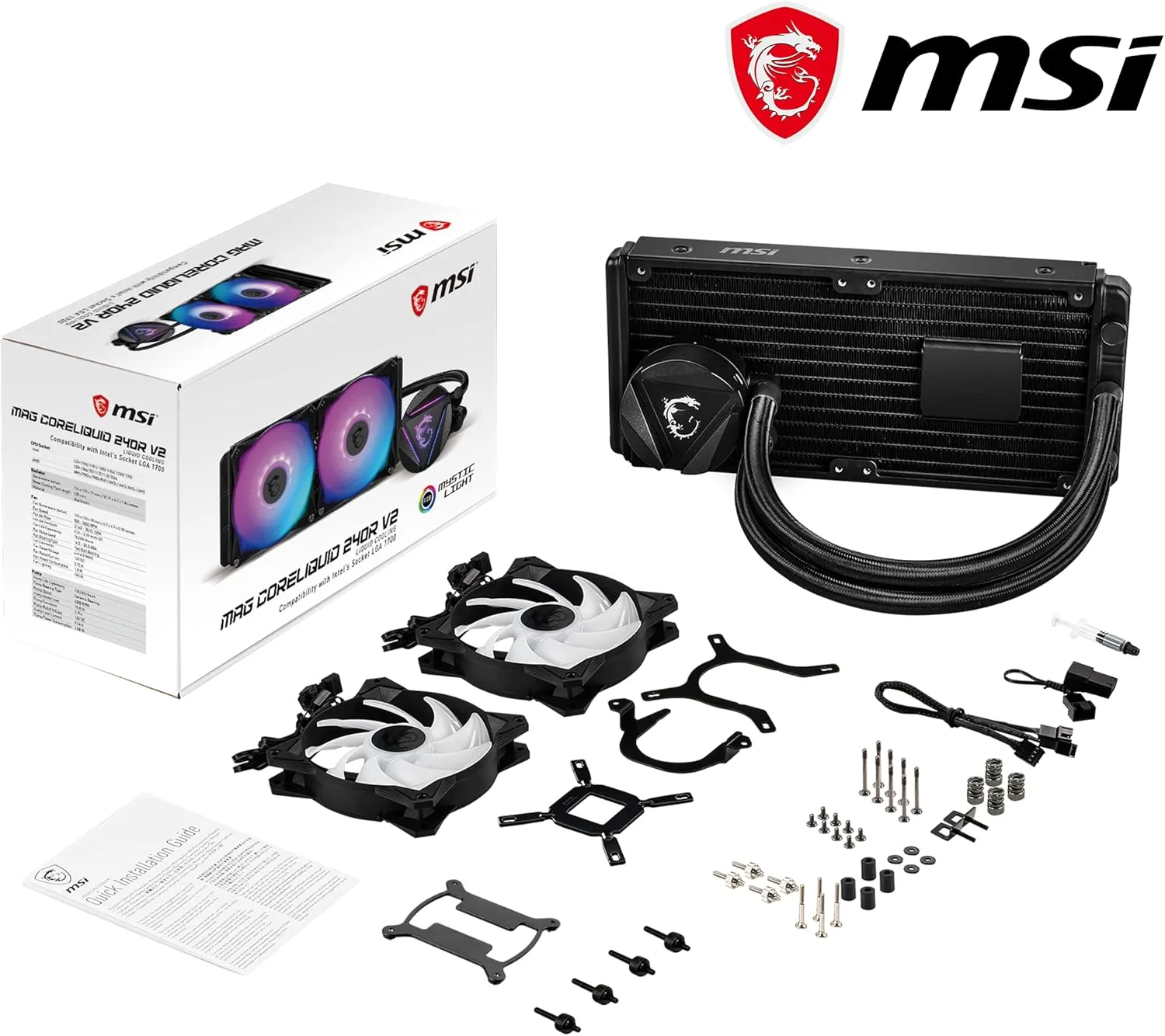خنک کننده مایع پردازنده MSI MAG CORELIQUID 240R V2 AIO - دارای بلوک ARGB چرخشی، پمپ رادیاتور یکپارچه، خنک کننده آبی جریان شکافته، لوله های ضد تبخیر، نصب آسان - سازگار با AMD و Intel