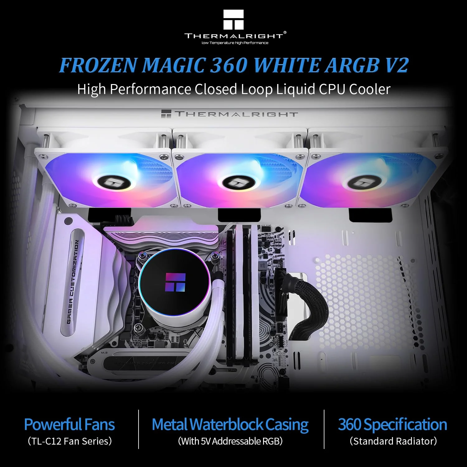 خنک کننده مایع پردازنده Thermalright Frozen Magic 360 White ARGB V2، اندازه رادیاتور خنک کننده 360 میلی‌متری با 3 عدد فن 120 میلی‌متری PWM ARGB، برای AMD/AM4/AM5، Intel LGA1150/1151/1200/2011/1700/1851، خنک کننده آبی پردازنده سفید ARGB